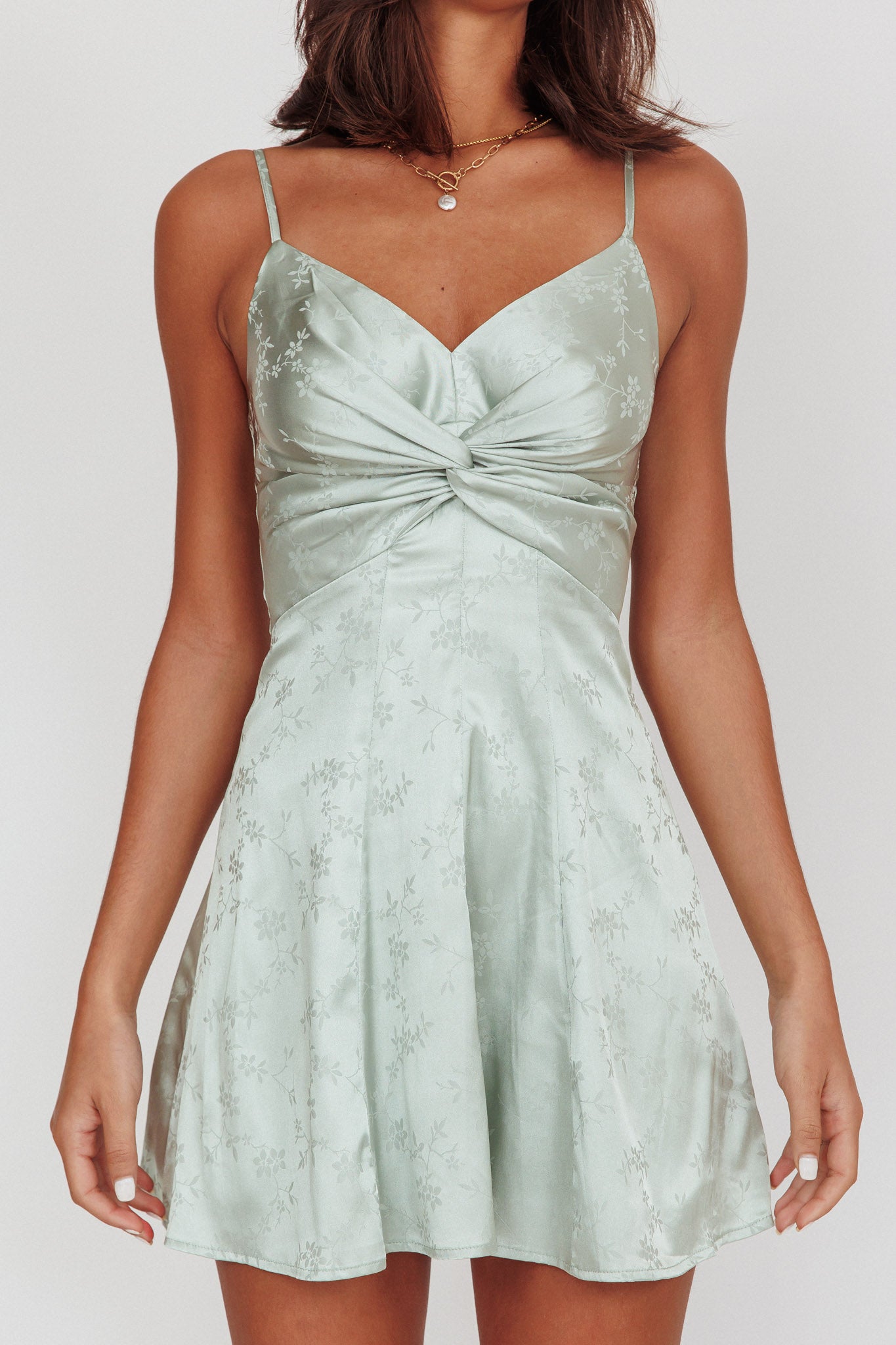 Lumine Floral Jacquard Twist Mini Dress Sage by Selfie Leslie