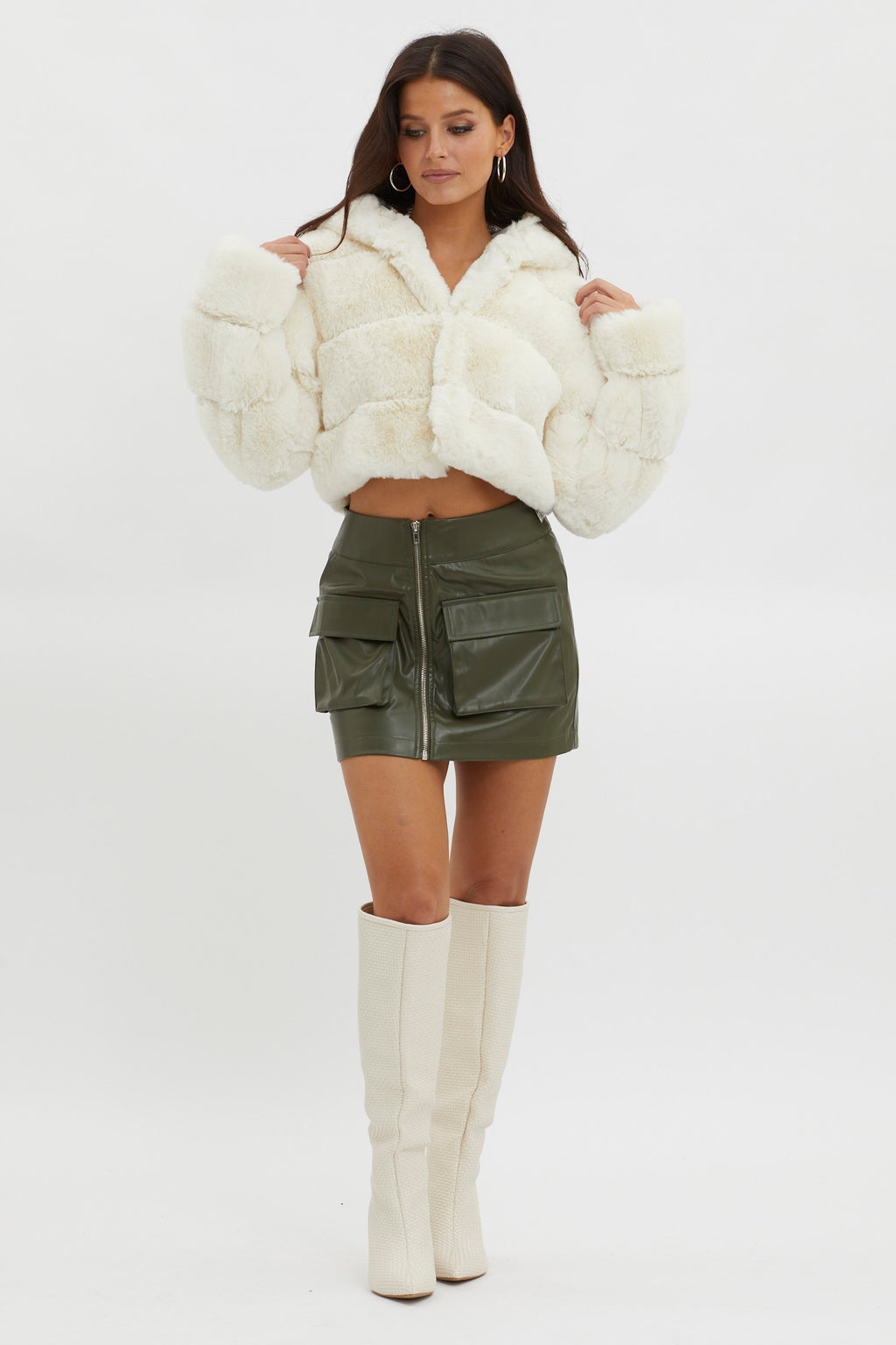 Polina Hooded Faux Fur Jacket Ivory by Selfie Leslie