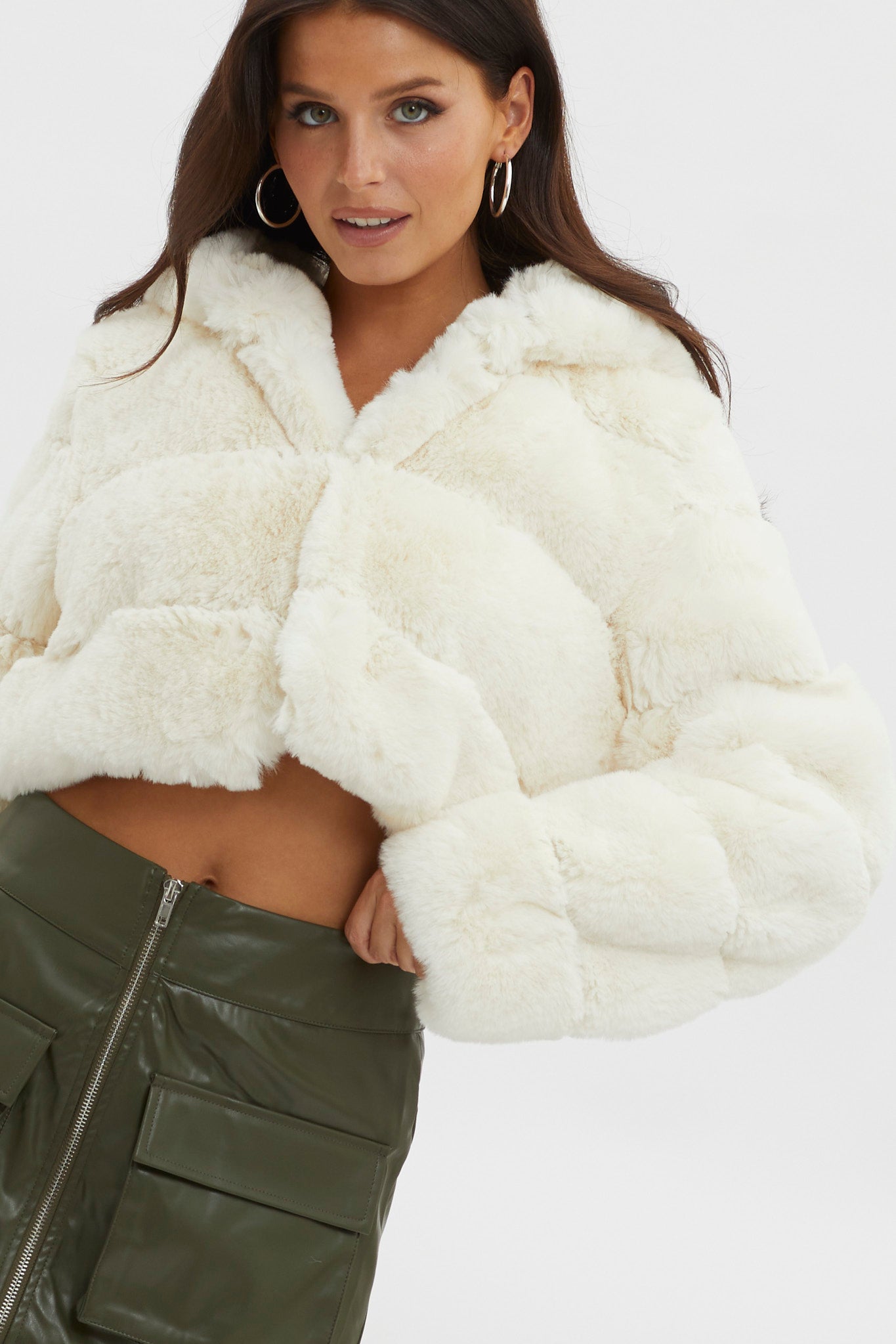 Polina Hooded Faux Fur Jacket Ivory by Selfie Leslie