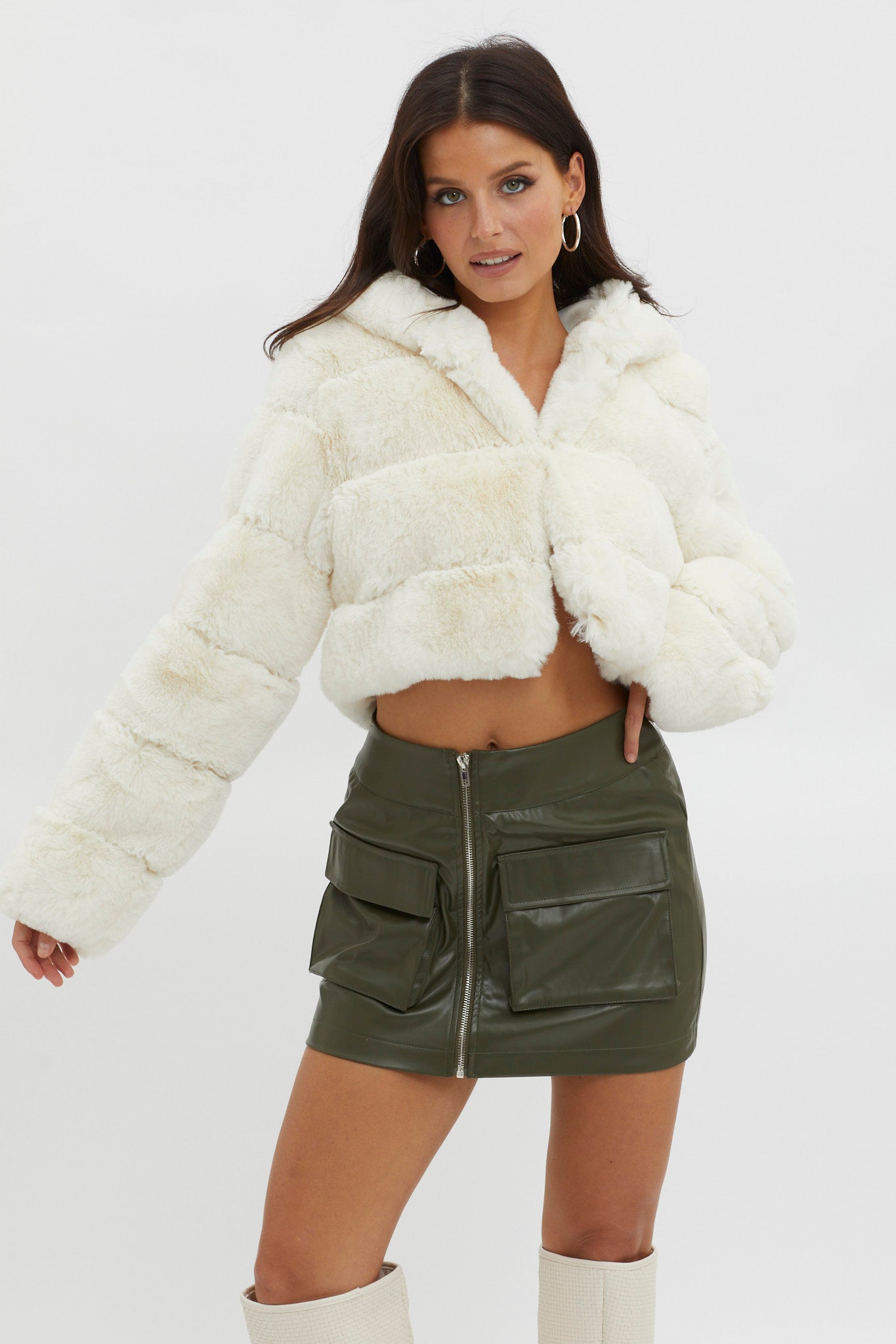 Polina Hooded Faux Fur Jacket Ivory by Selfie Leslie