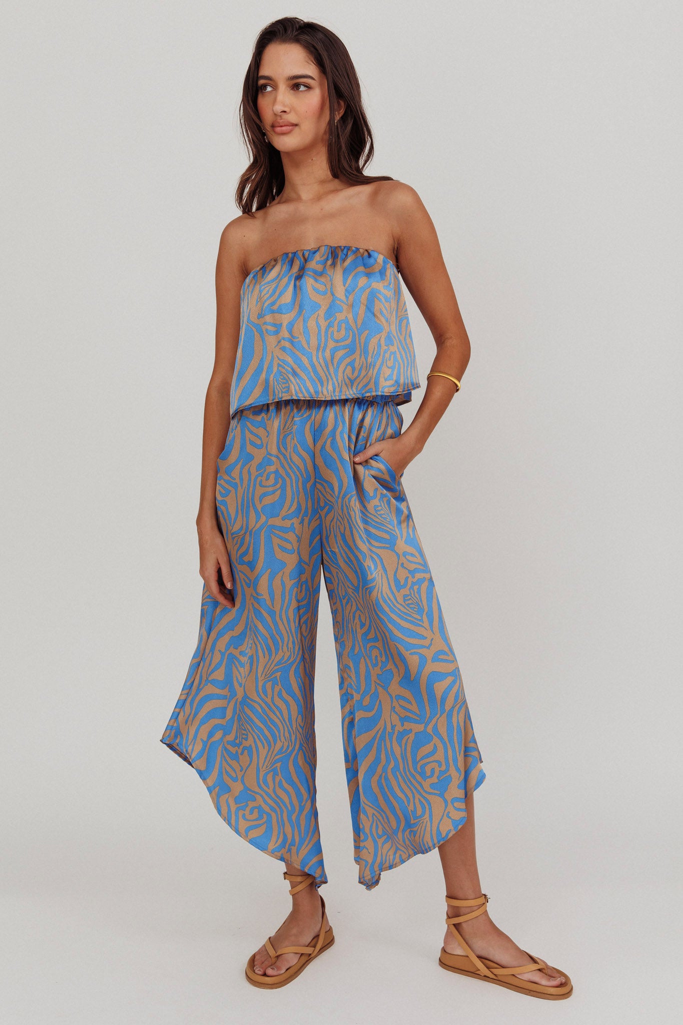 Tongue Tied Printed Strapless Jumpsuit Blue by Selfie Leslie