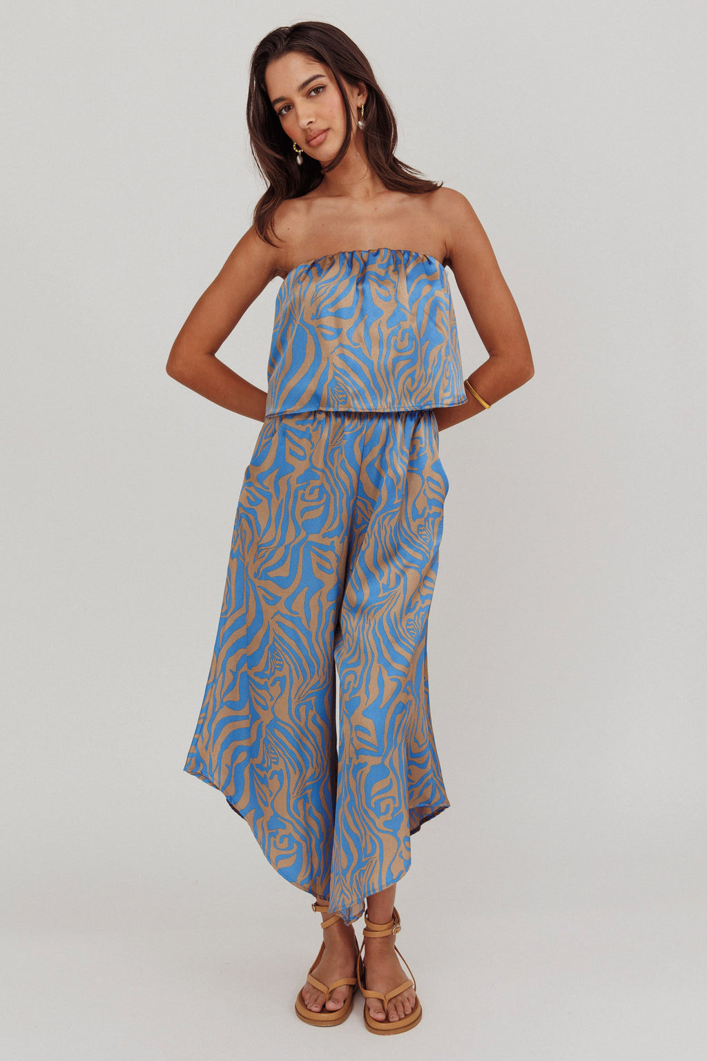 Tongue Tied Printed Strapless Jumpsuit Blue by Selfie Leslie