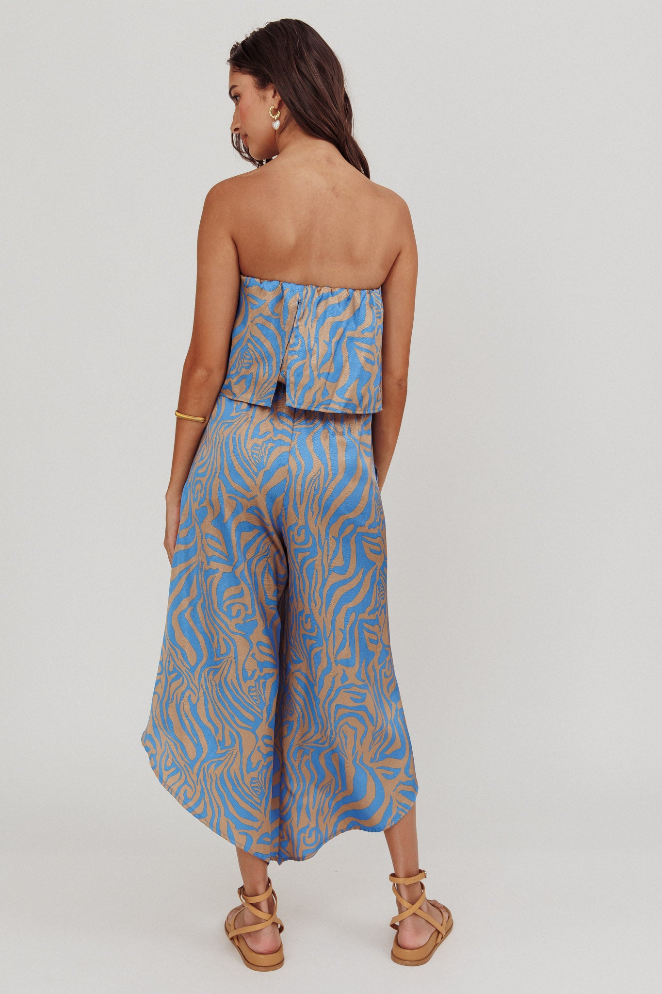 Tongue Tied Printed Strapless Jumpsuit Blue by Selfie Leslie