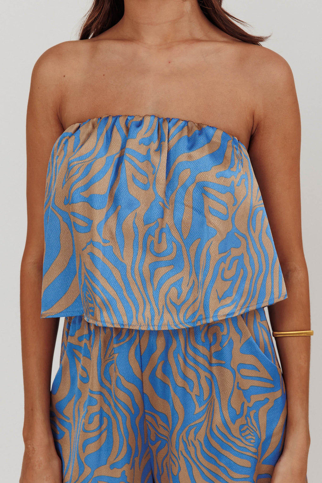 Tongue Tied Printed Strapless Jumpsuit Blue by Selfie Leslie