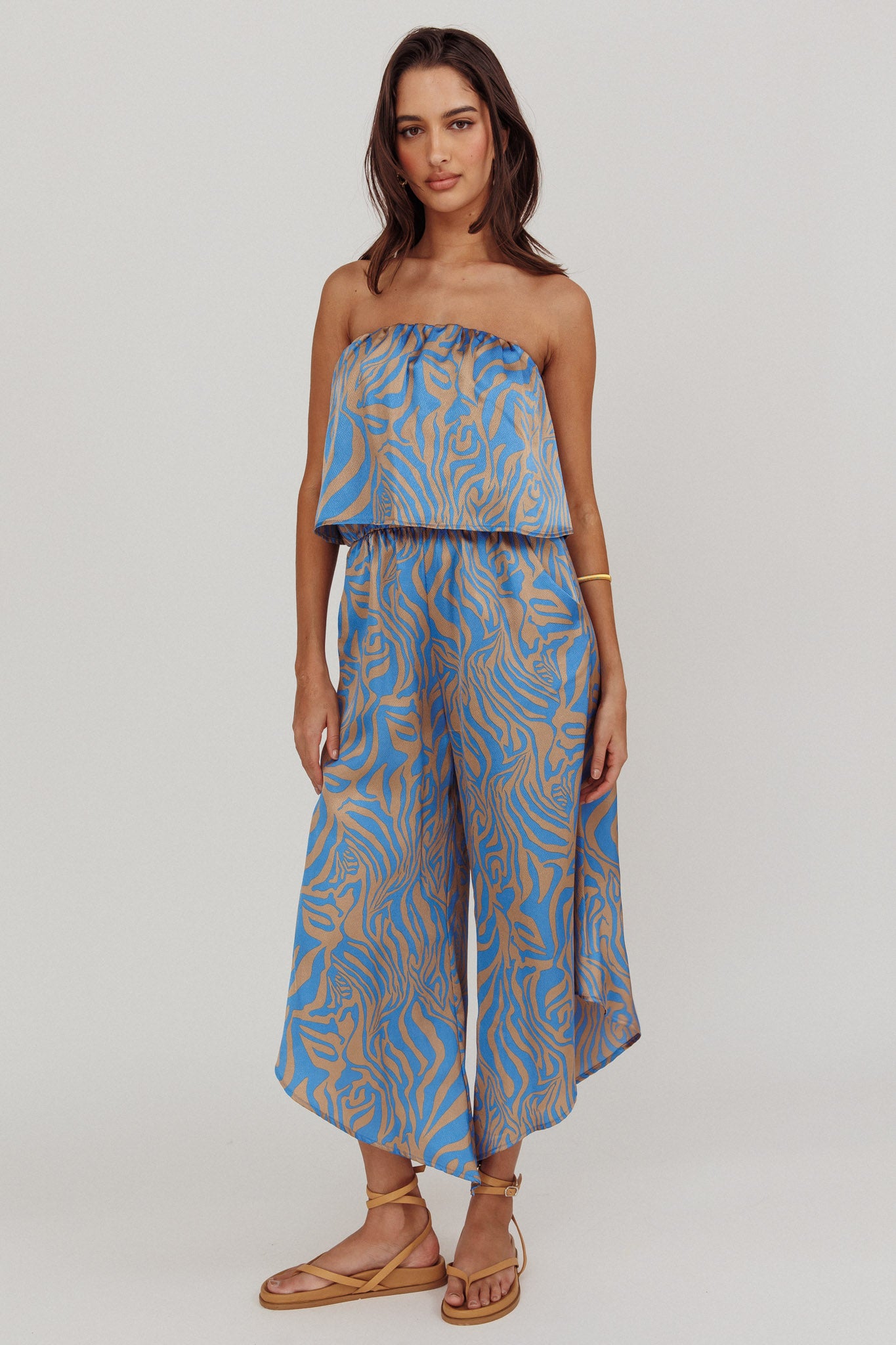 Tongue Tied Printed Strapless Jumpsuit Blue by Selfie Leslie