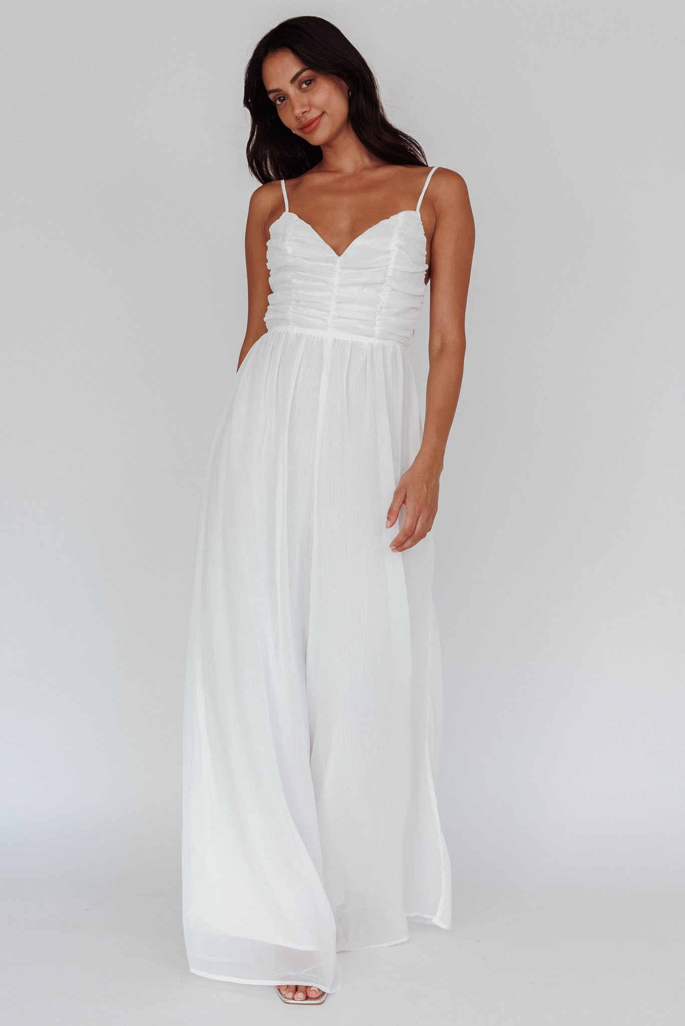 Janicca Ruched Bodice Jumpsuit Off White by Selfie Leslie