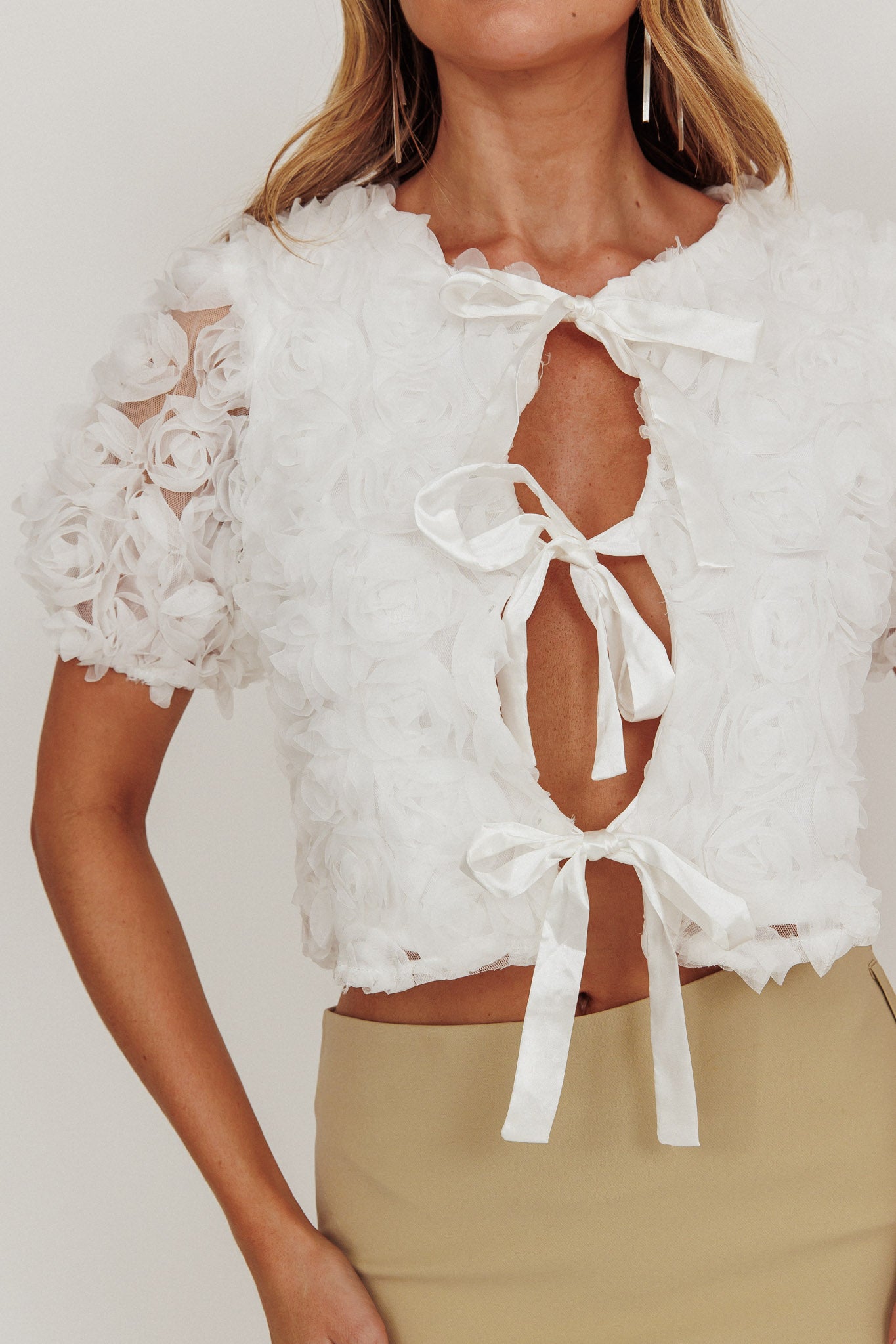 Chiron Front Tie Rosette Top Off White by Selfie Leslie