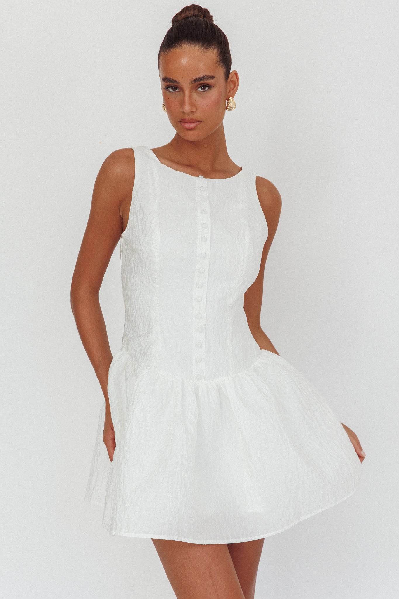 Profile Pic Drop Waist Flounce Mini Dress Textured White by Selfie Leslie