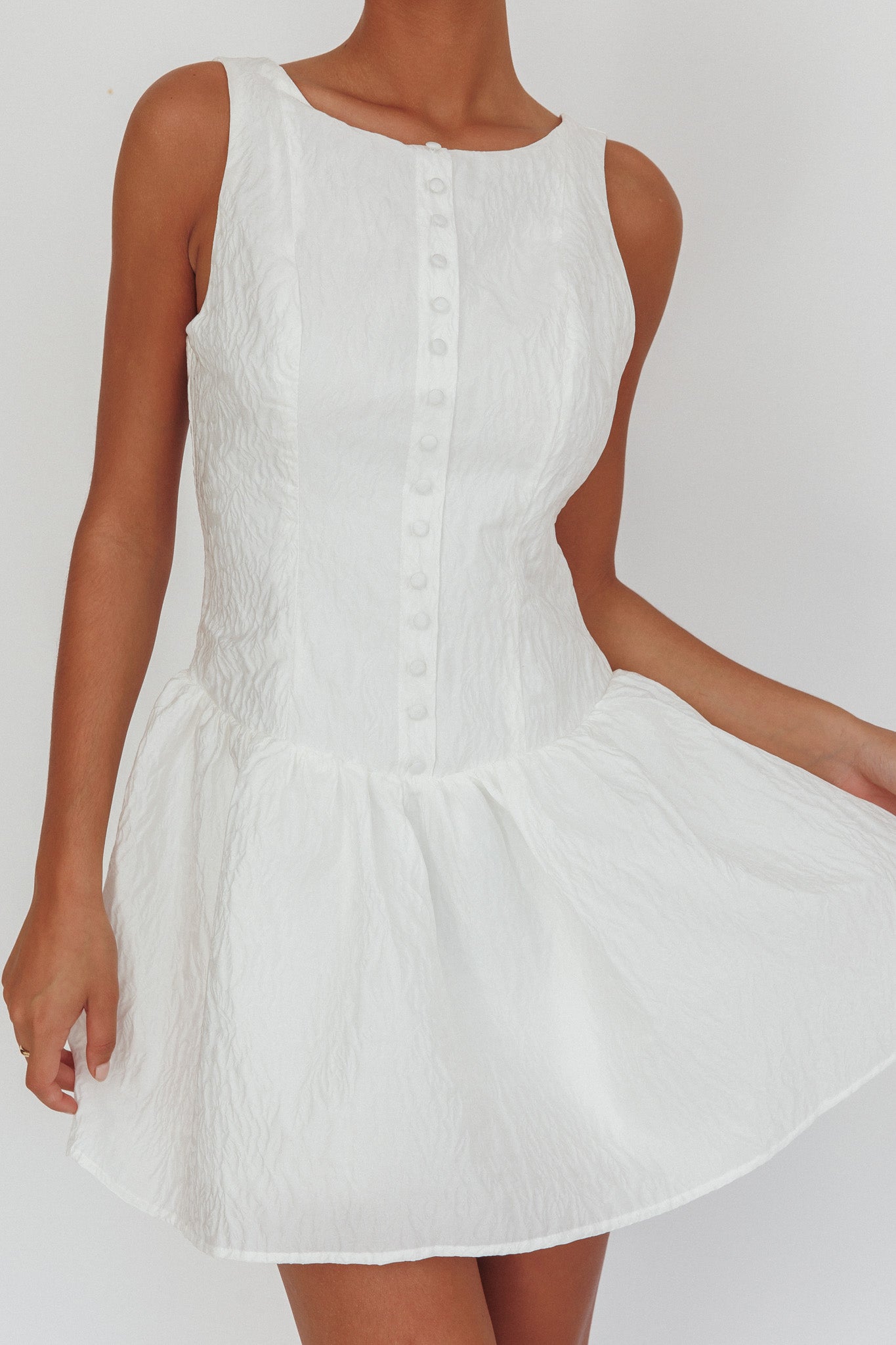 Profile Pic Drop Waist Flounce Mini Dress Textured White by Selfie Leslie