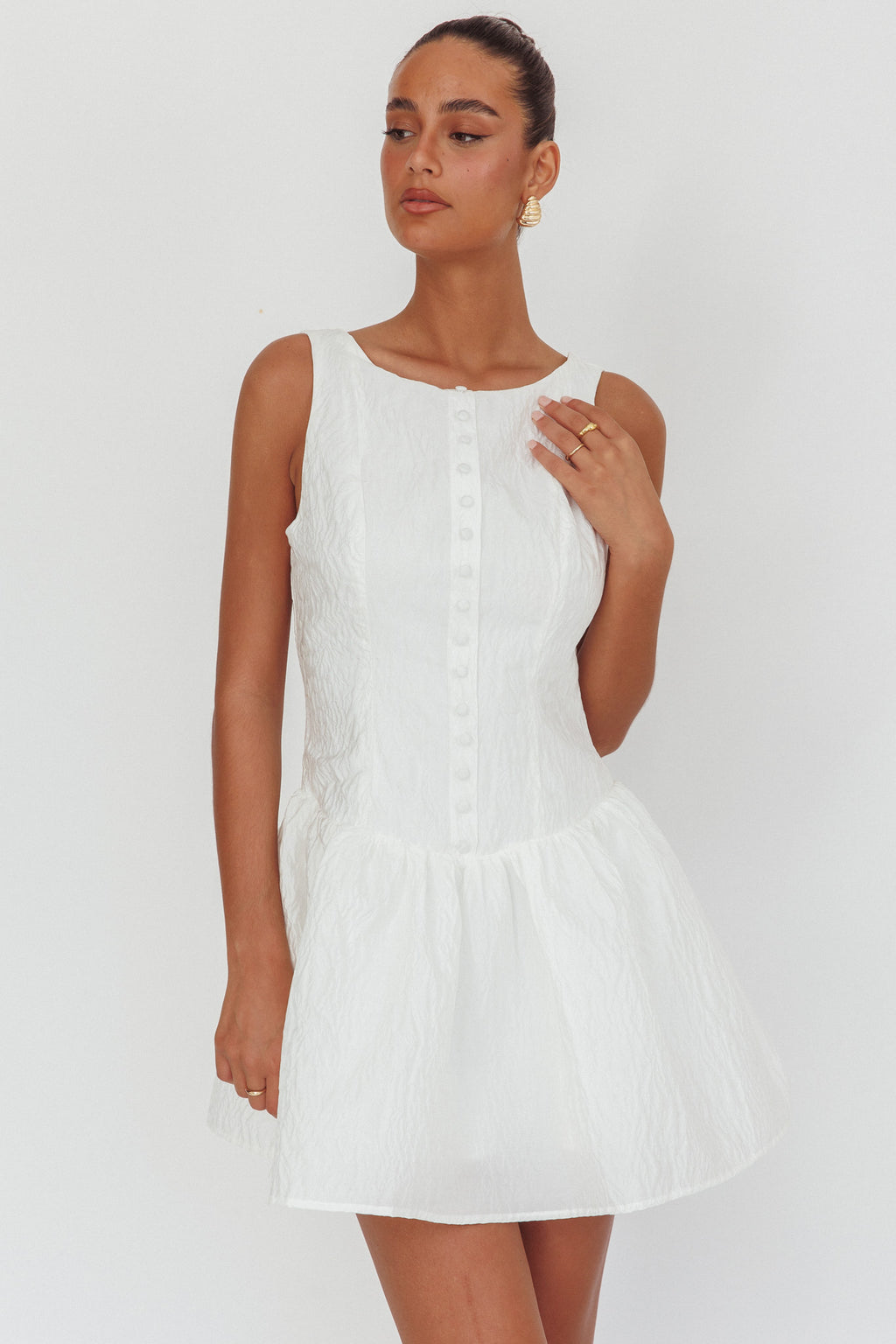 Profile Pic Drop Waist Flounce Mini Dress Textured White by Selfie Leslie