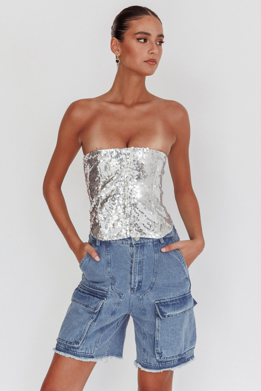 Belgium Strapless Top Sequin Silver by Selfie Leslie