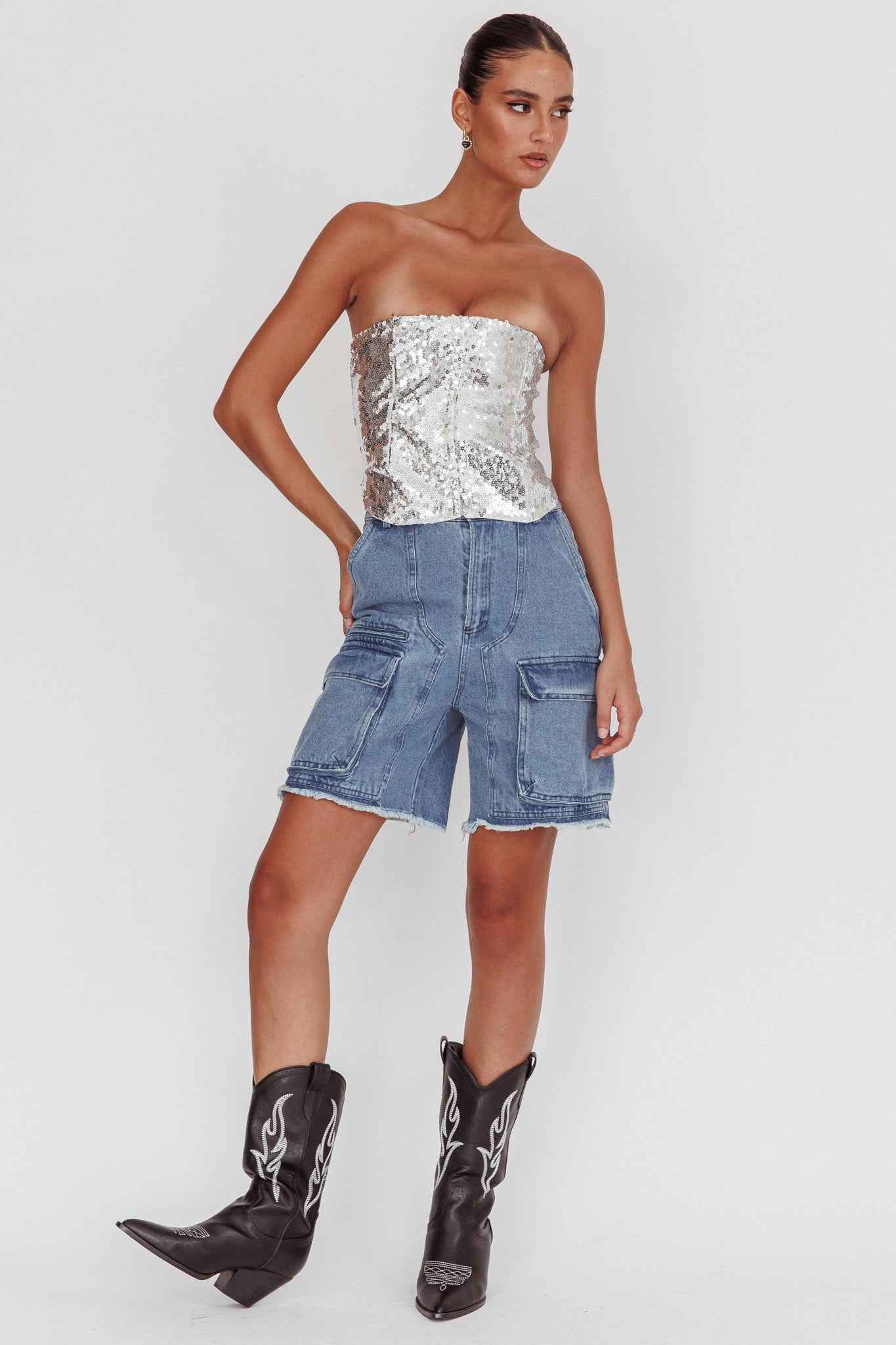 Belgium Strapless Top Sequin Silver by Selfie Leslie