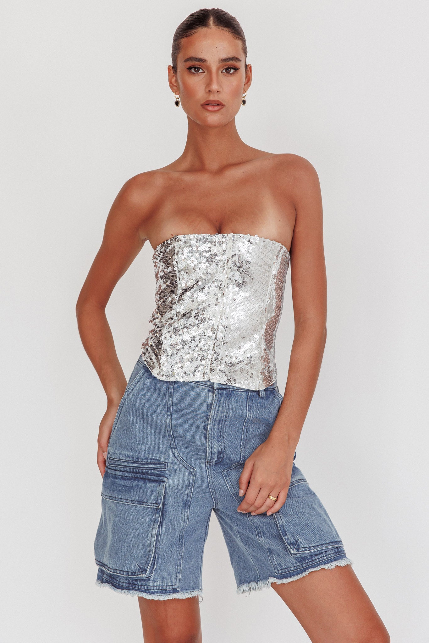 Belgium Strapless Top Sequin Silver by Selfie Leslie