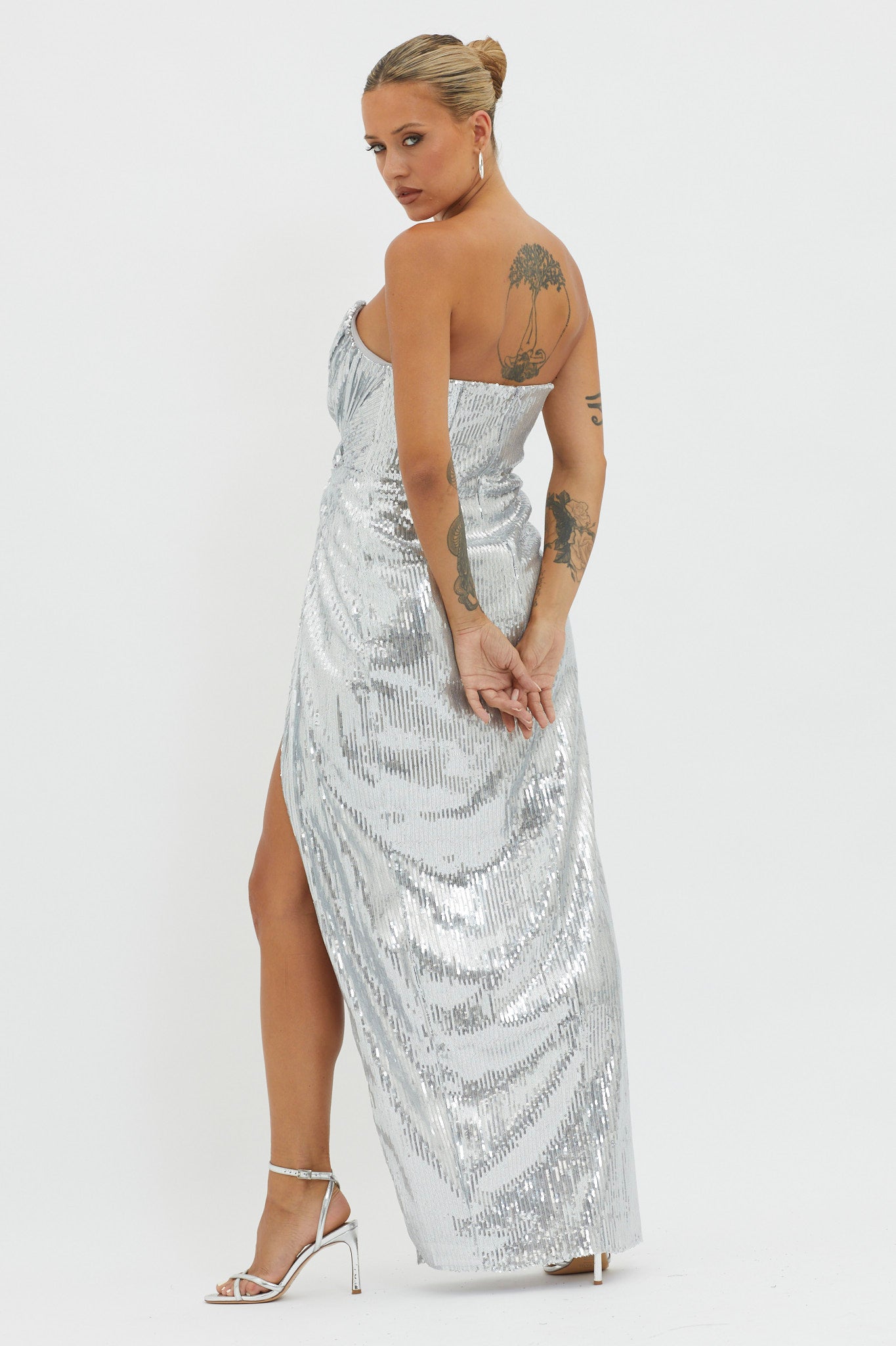 Angel Energy Strapless Sequin Maxi Dress Silver by Selfie Leslie