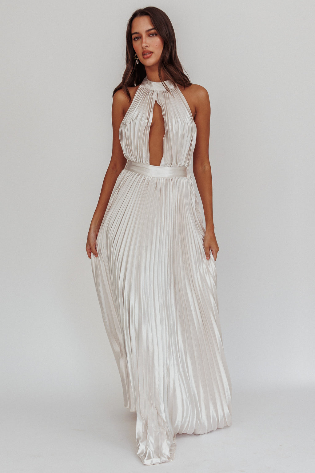 Monarch Pleated Satin Maxi Dress Champagne by Selfie Leslie