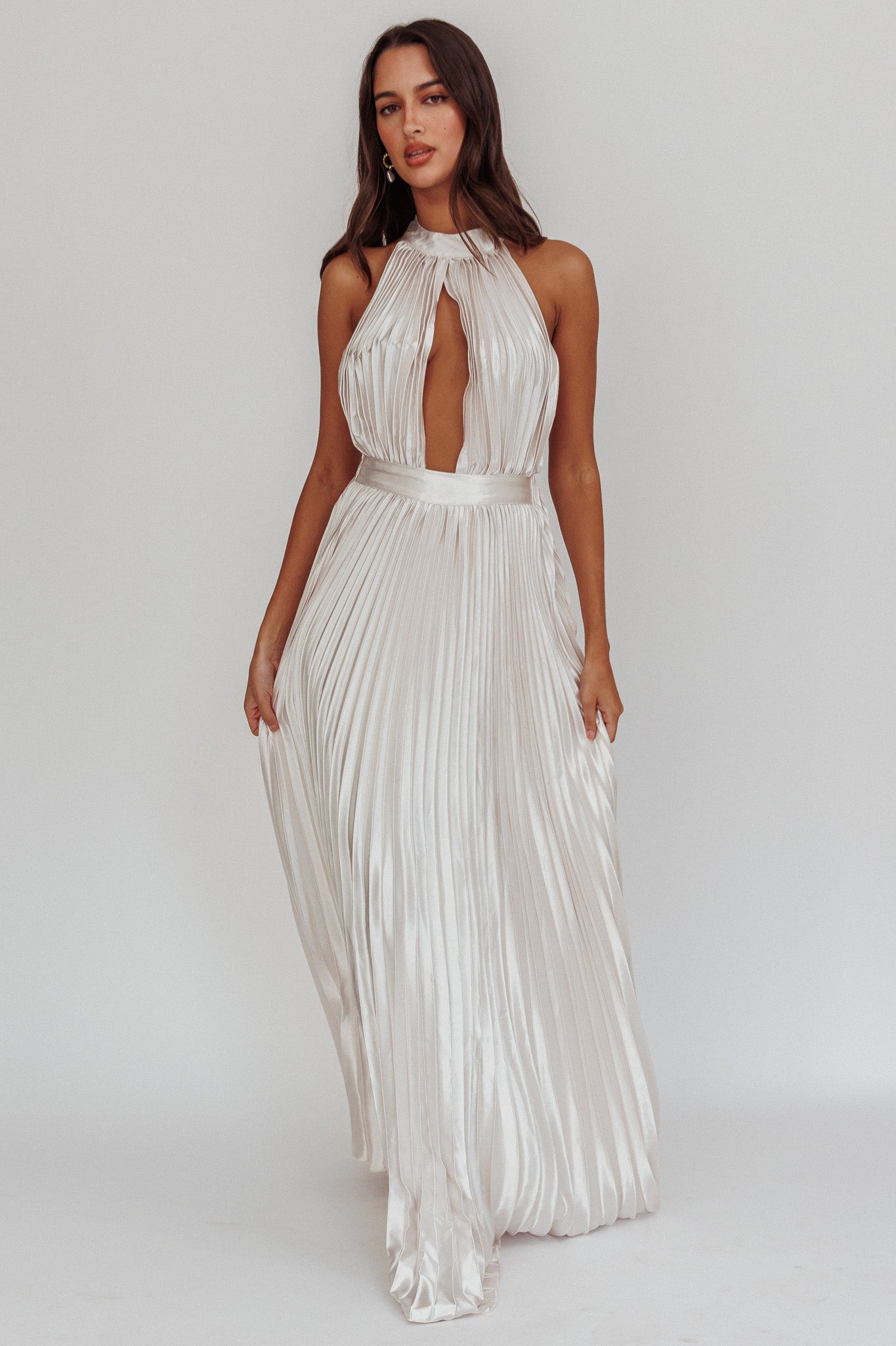 Monarch Pleated Satin Maxi Dress Champagne by Selfie Leslie