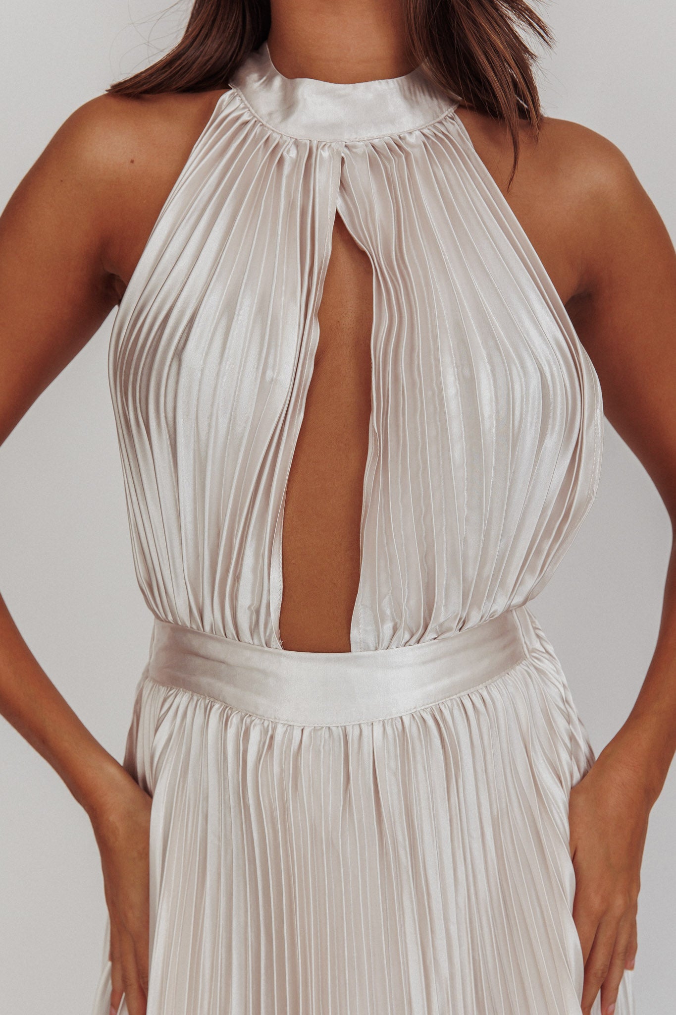 Monarch Pleated Satin Maxi Dress Champagne by Selfie Leslie