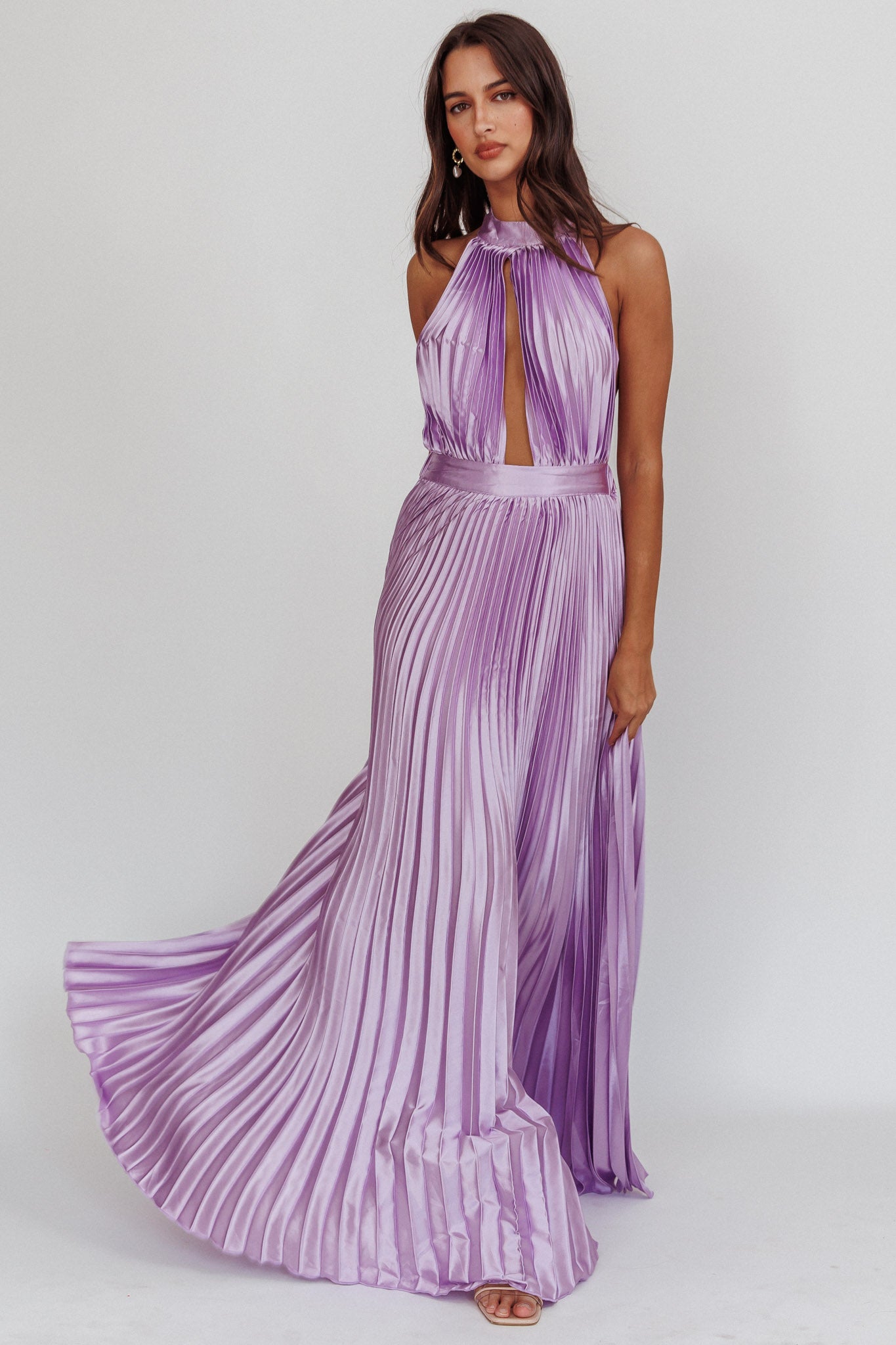 Monarch Pleated Satin Maxi Dress Lavender Monarch Pleated Satin Maxi Dress Lavender
