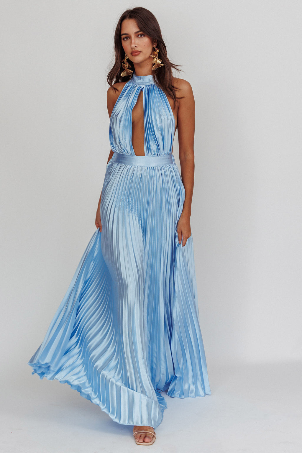 Monarch Pleated Satin Maxi Dress Light Blue by Selfie Leslie