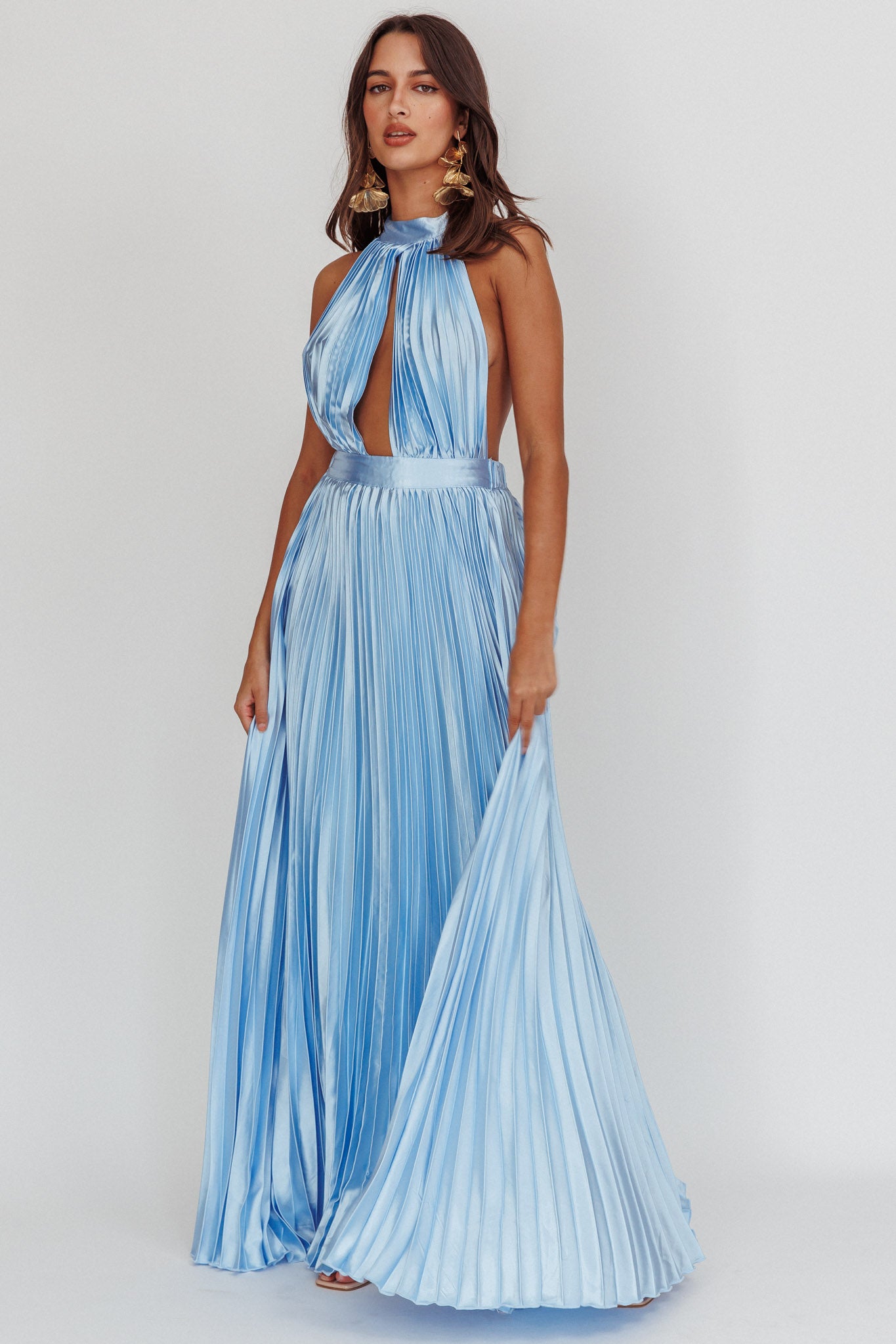 Monarch Pleated Satin Maxi Dress Light Blue by Selfie Leslie