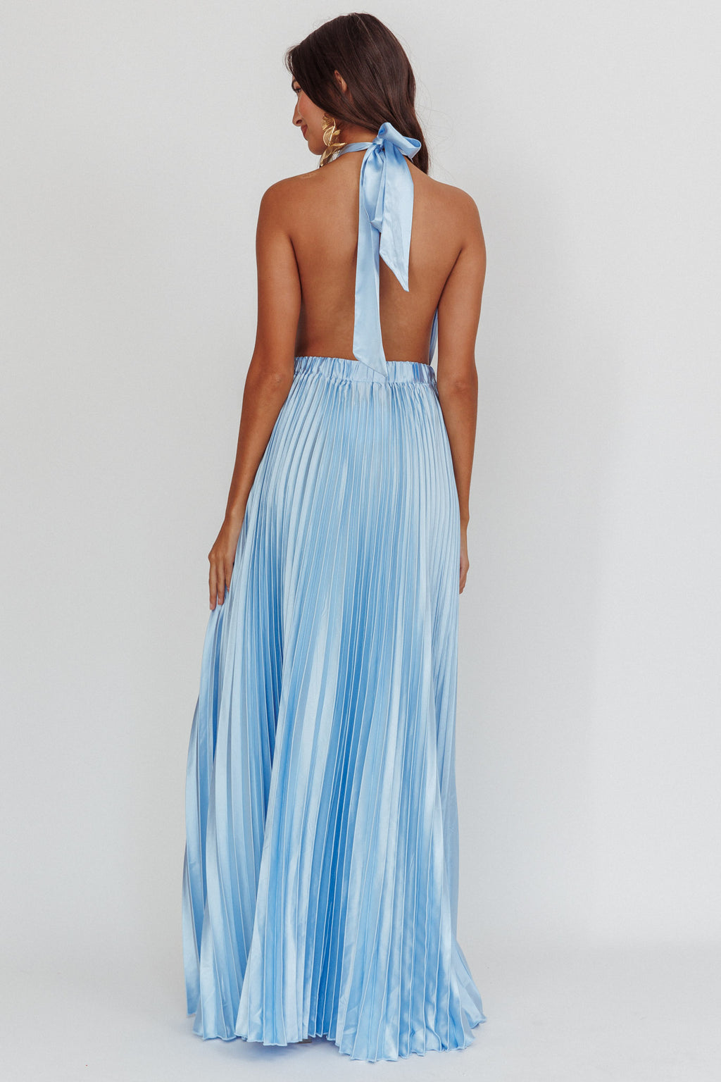 Monarch Pleated Satin Maxi Dress Light Blue by Selfie Leslie