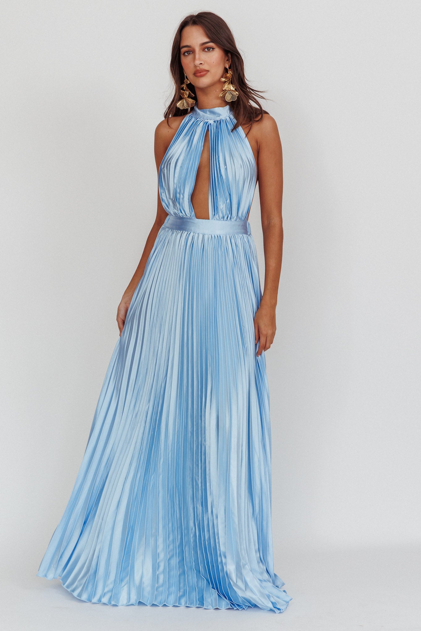 Monarch Pleated Satin Maxi Dress Light Blue by Selfie Leslie