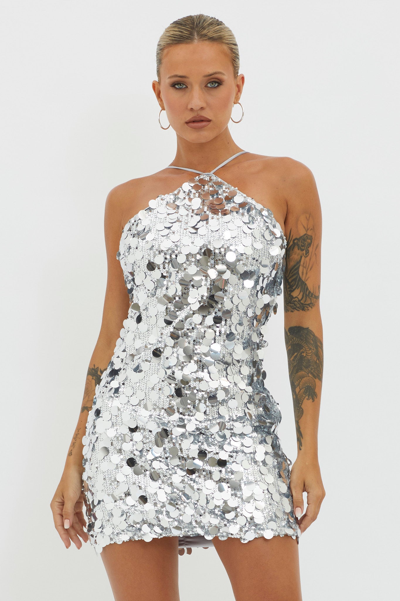 Champagne Twist Sequin Mini Dress Silver by Selfie Leslie