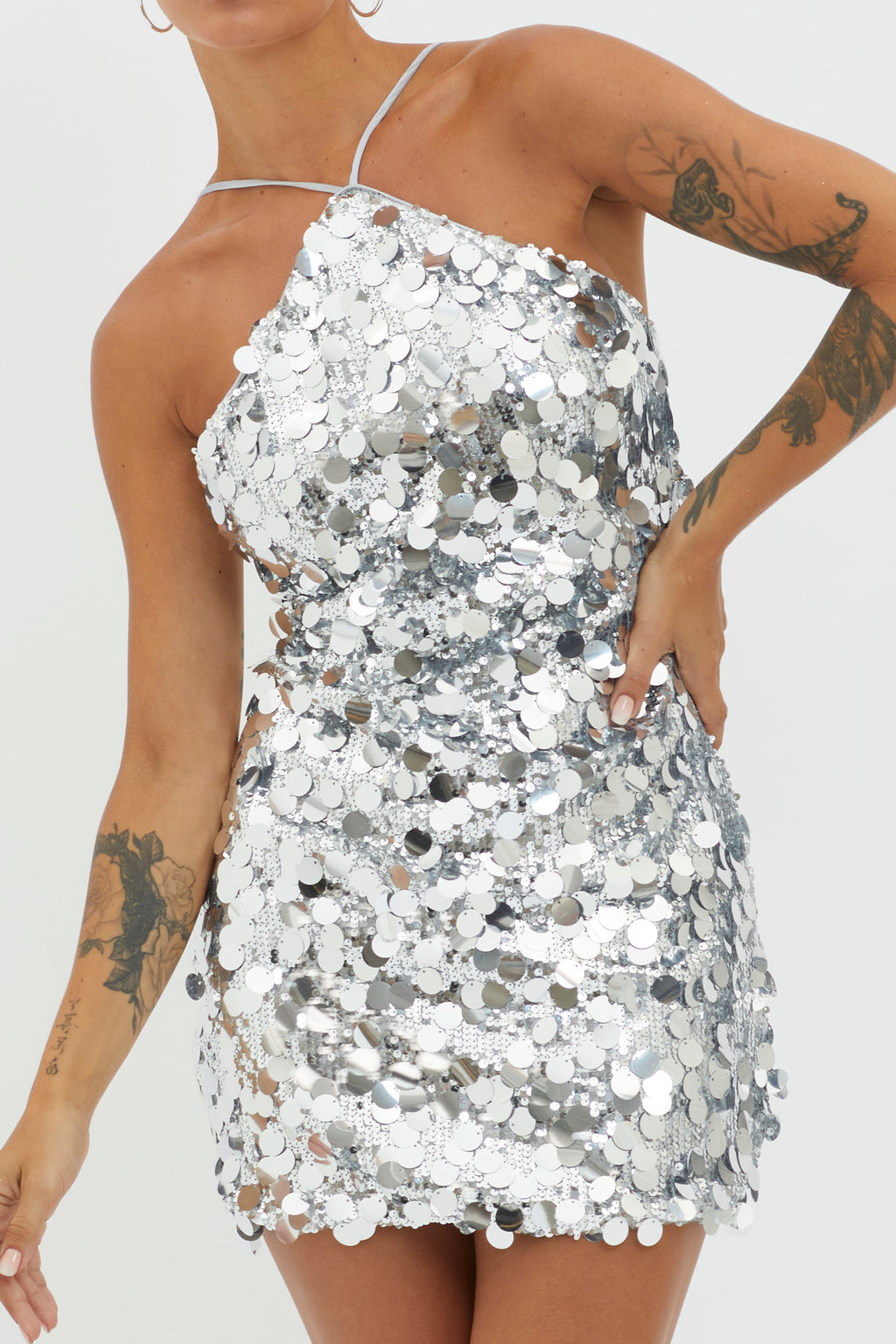 Champagne Twist Sequin Mini Dress Silver by Selfie Leslie