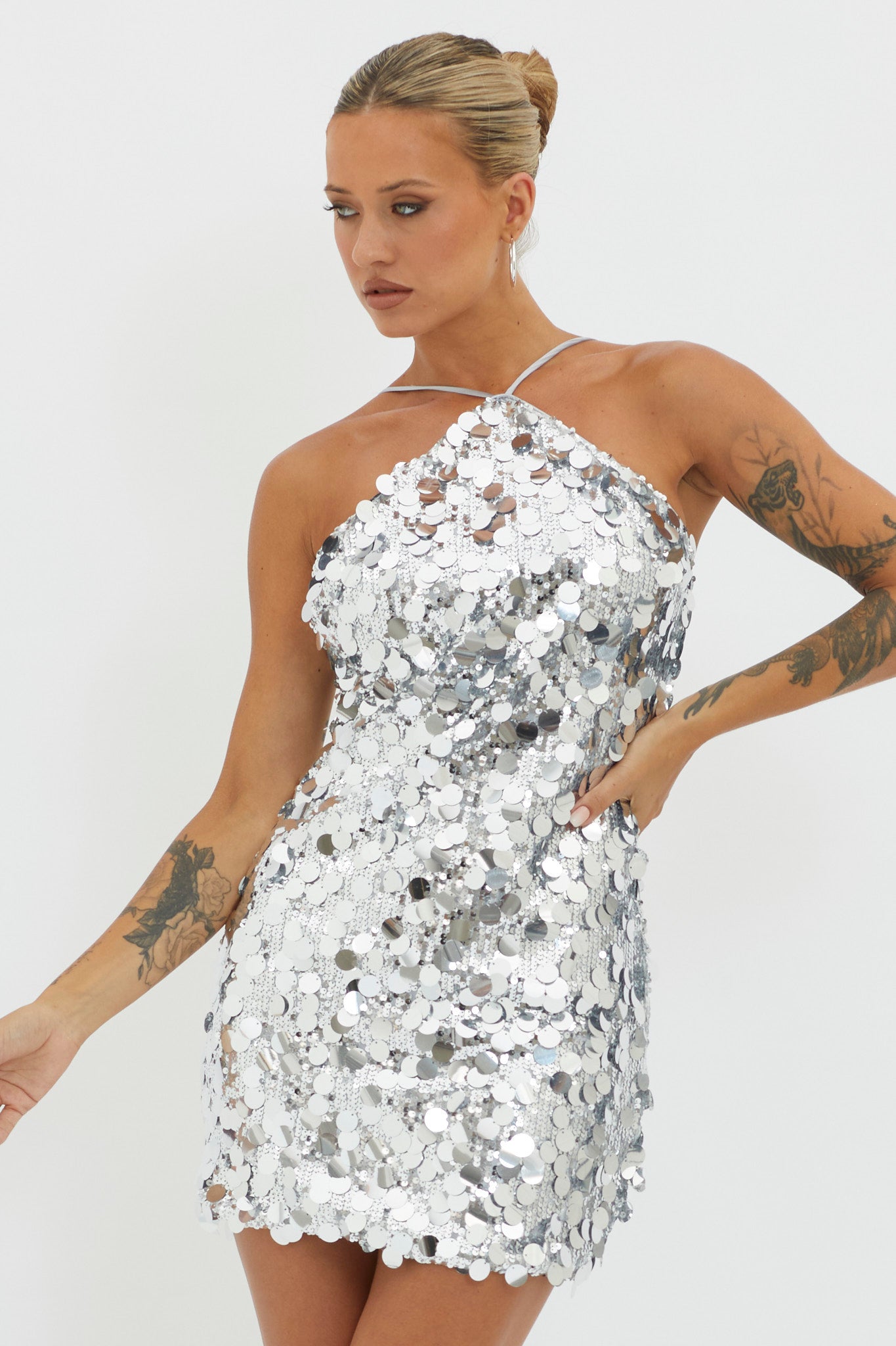 Champagne Twist Sequin Mini Dress Silver by Selfie Leslie