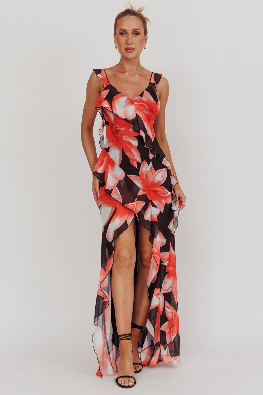 Joyride Floral Ruffle Maxi Dress Black/Red by Selfie Leslie