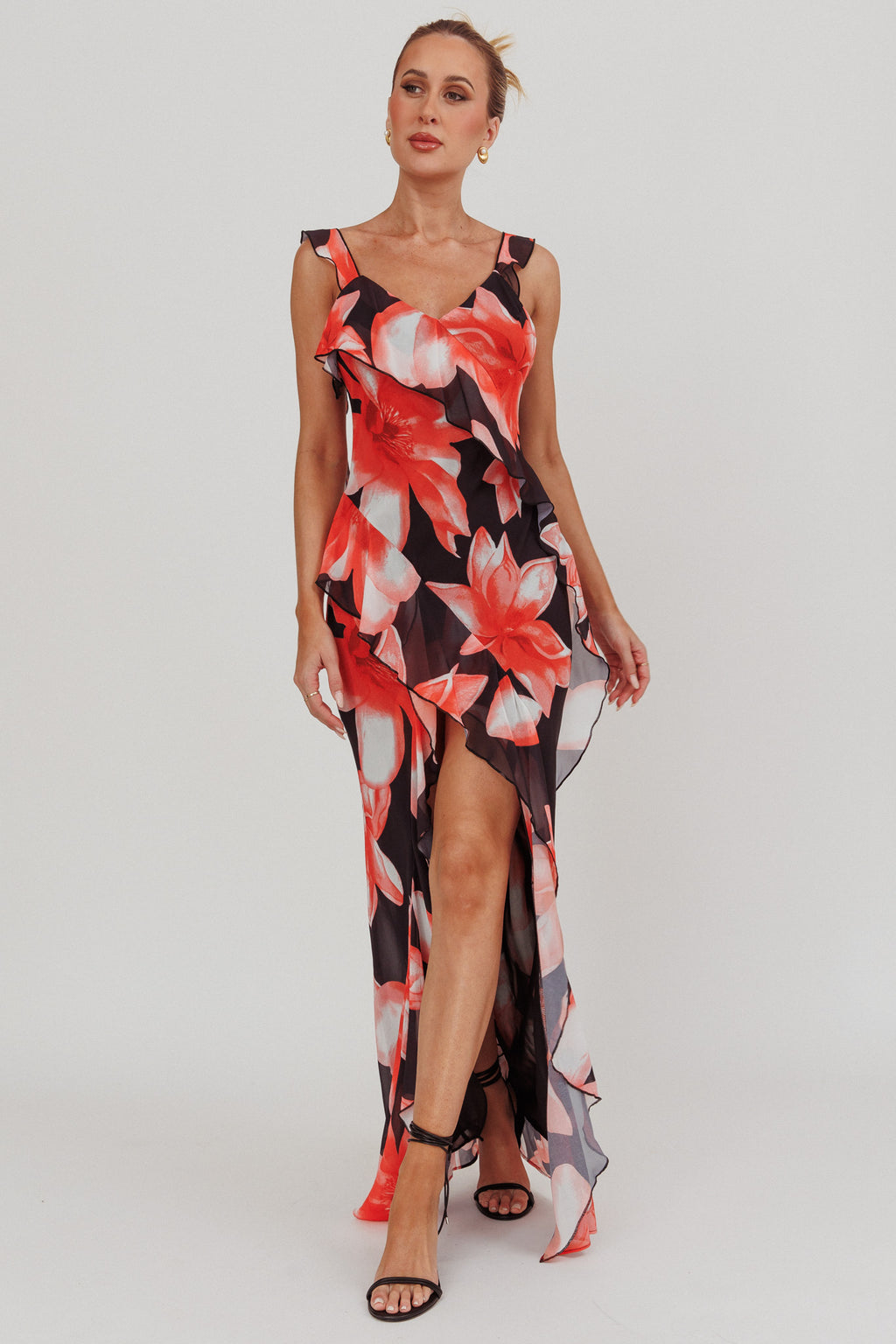 Joyride Floral Ruffle Maxi Dress Black/Red by Selfie Leslie