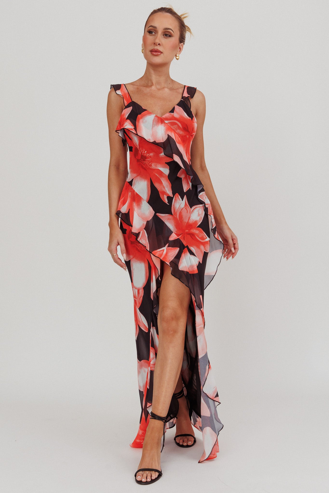 Joyride Floral Ruffle Maxi Dress Black/Red by Selfie Leslie
