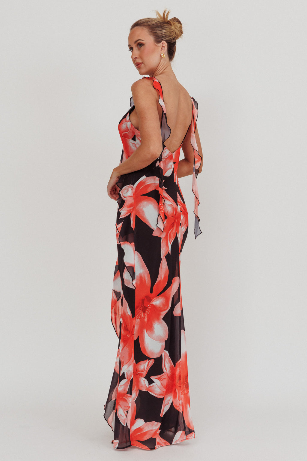 Joyride Floral Ruffle Maxi Dress Black/Red by Selfie Leslie