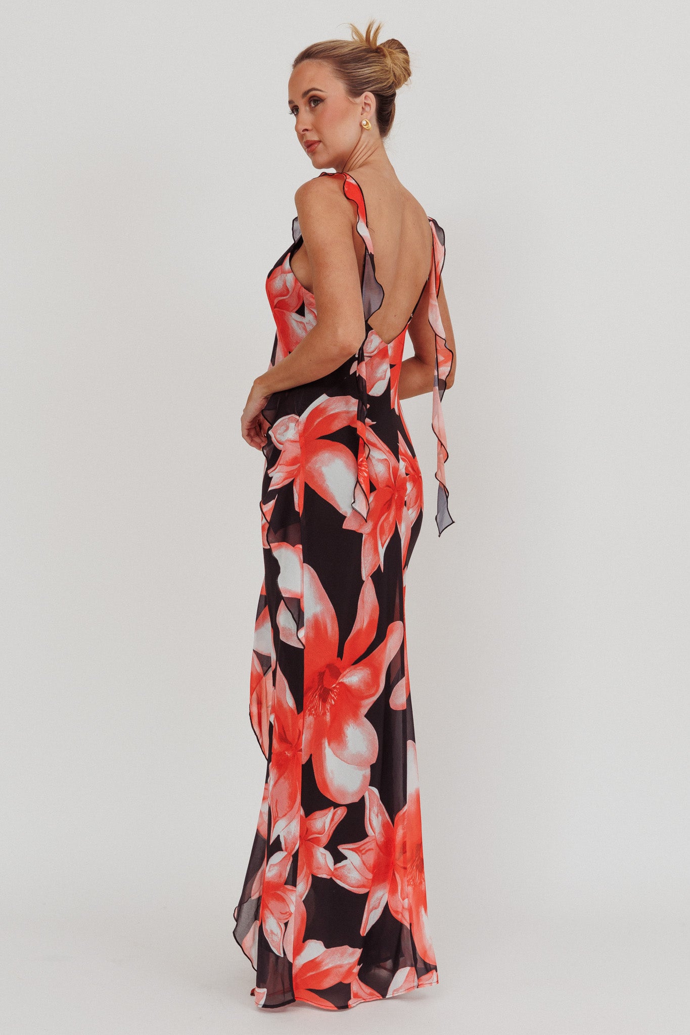 Joyride Floral Ruffle Maxi Dress Black/Red by Selfie Leslie