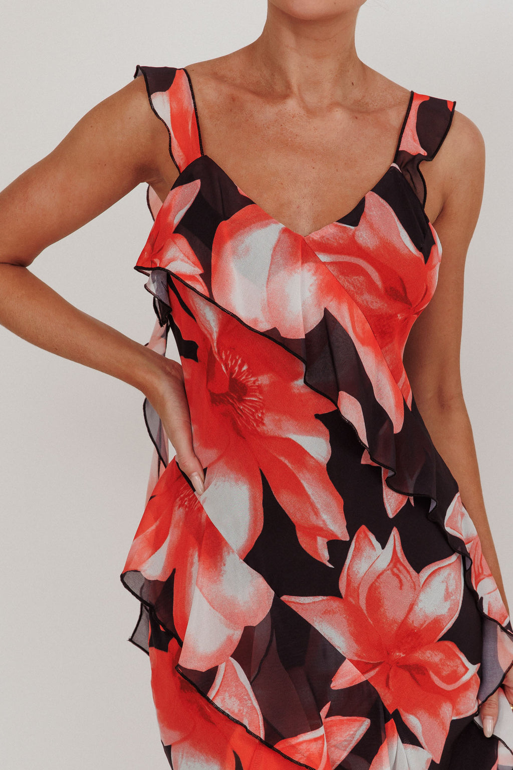 Joyride Floral Ruffle Maxi Dress Black/Red by Selfie Leslie
