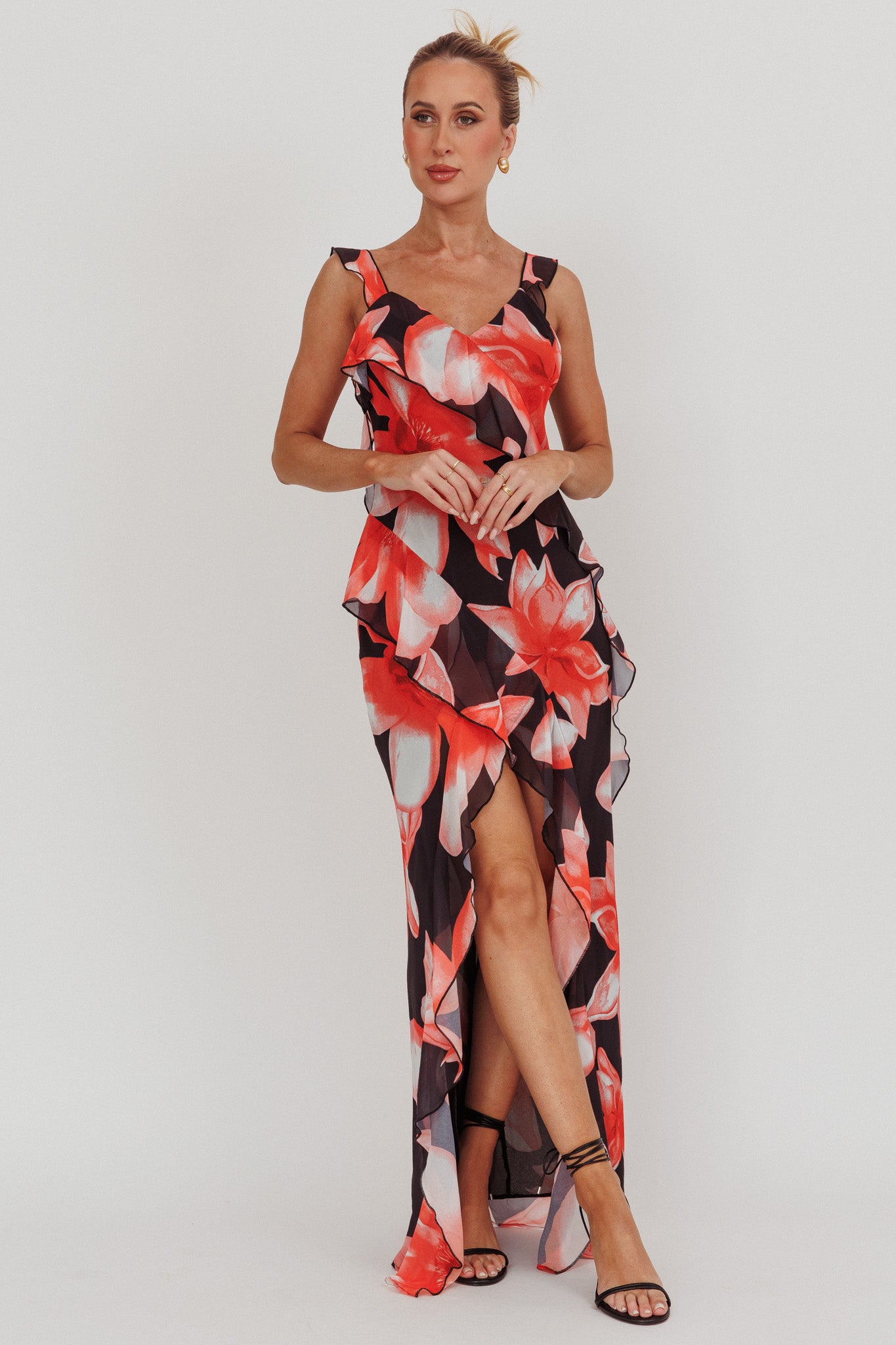 Joyride Floral Ruffle Maxi Dress Black/Red by Selfie Leslie