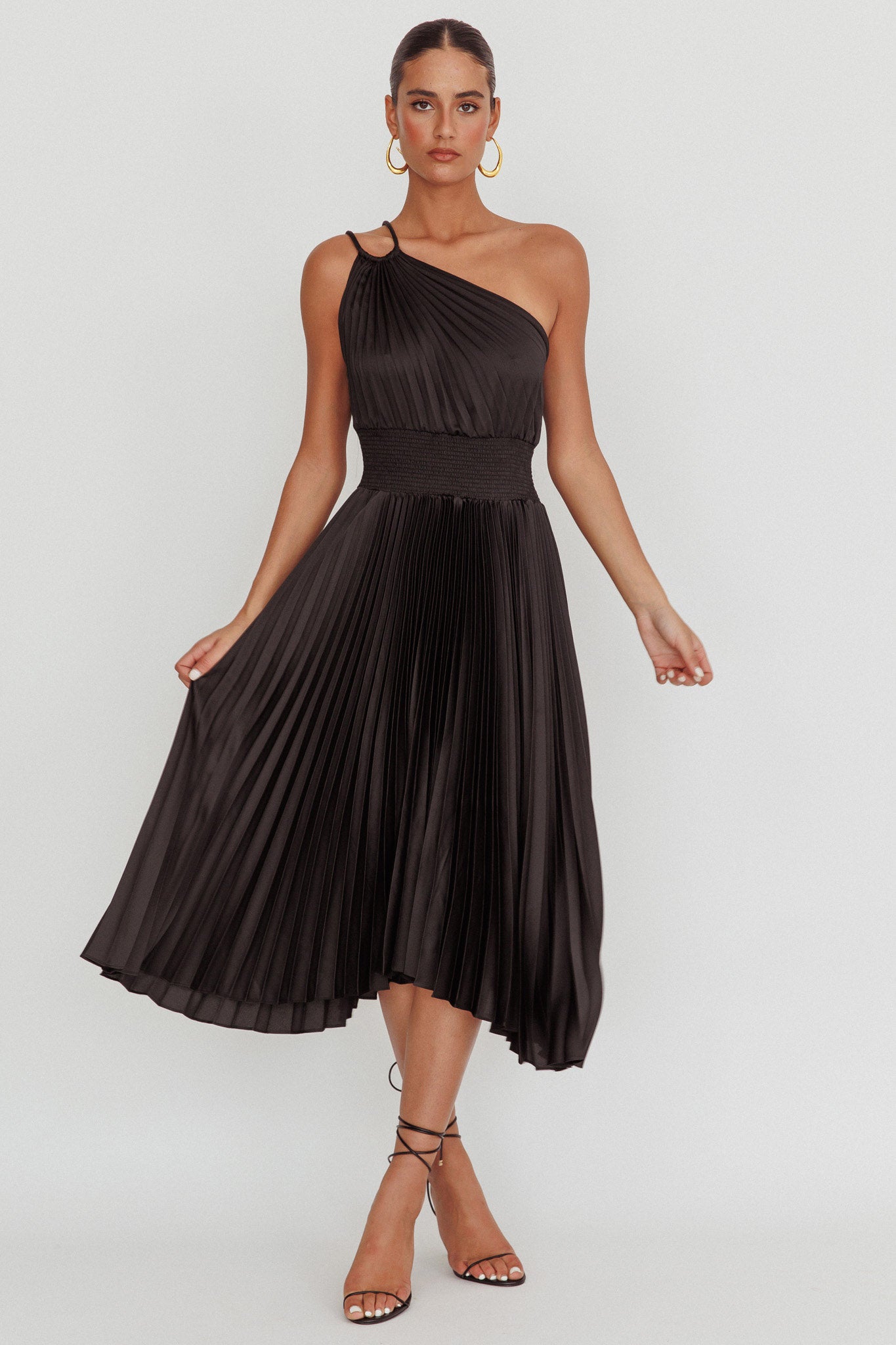 Calissa One Shoulder Pleated Midi Dress Black by Selfie Leslie