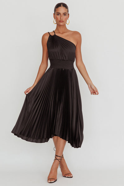 Calissa One Shoulder Pleated Midi Dress Black Selfie Leslie Calissa One Shoulder Pleated Midi Dress Black Selfie Leslie