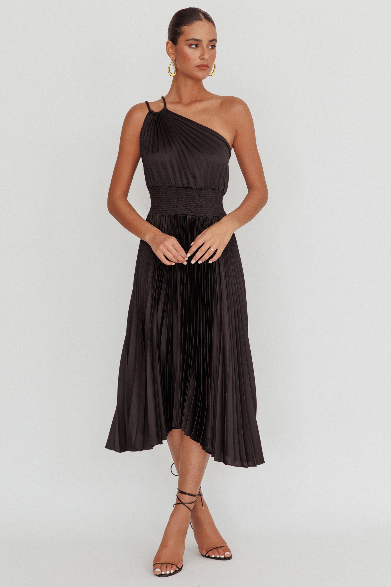 Calissa One Shoulder Pleated Midi Dress Black by Selfie Leslie