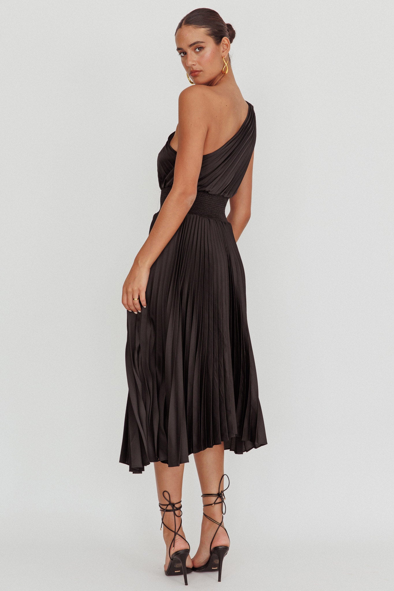 Calissa One Shoulder Pleated Midi Dress Black by Selfie Leslie