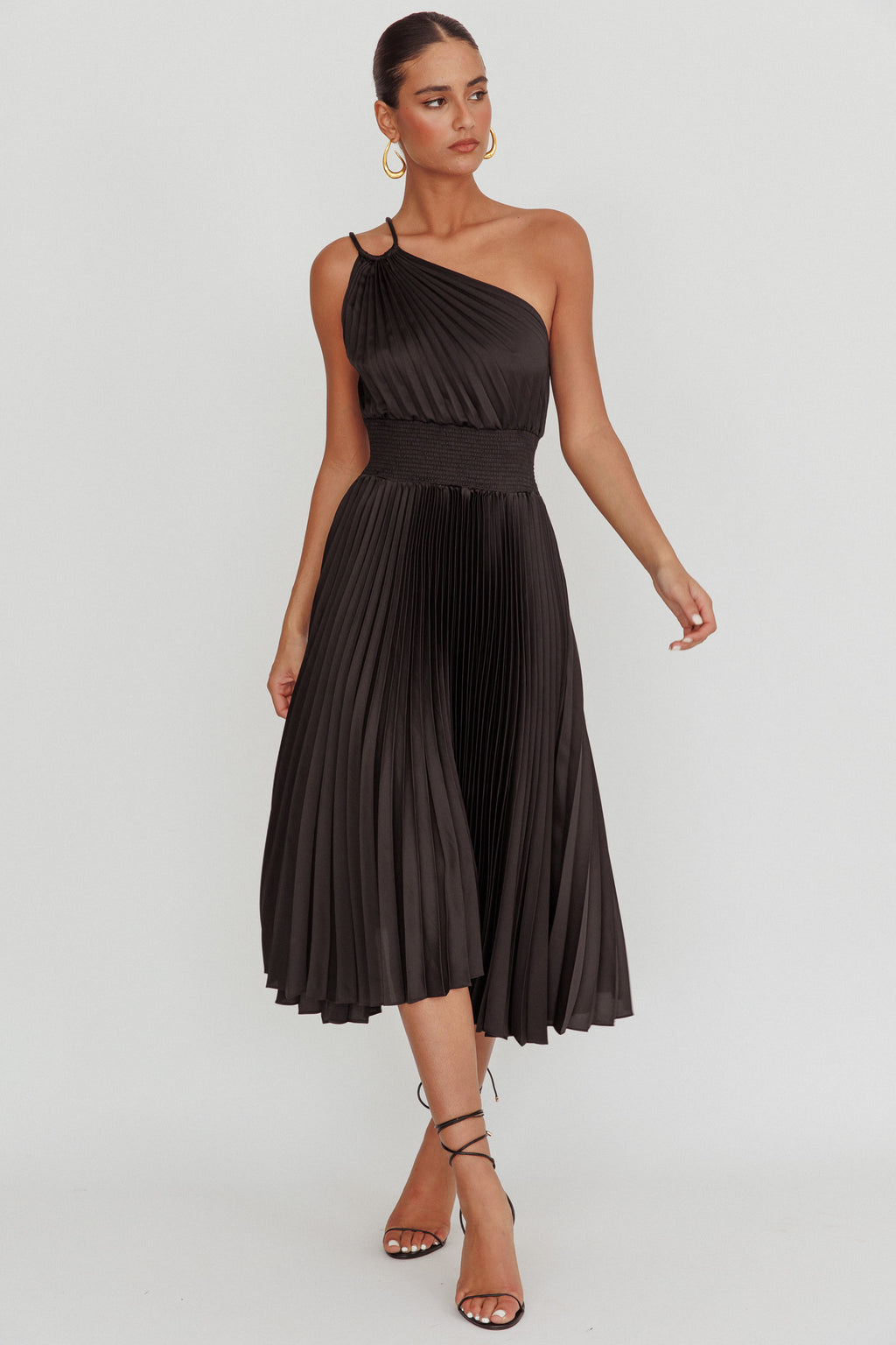 Calissa One Shoulder Pleated Midi Dress Black by Selfie Leslie