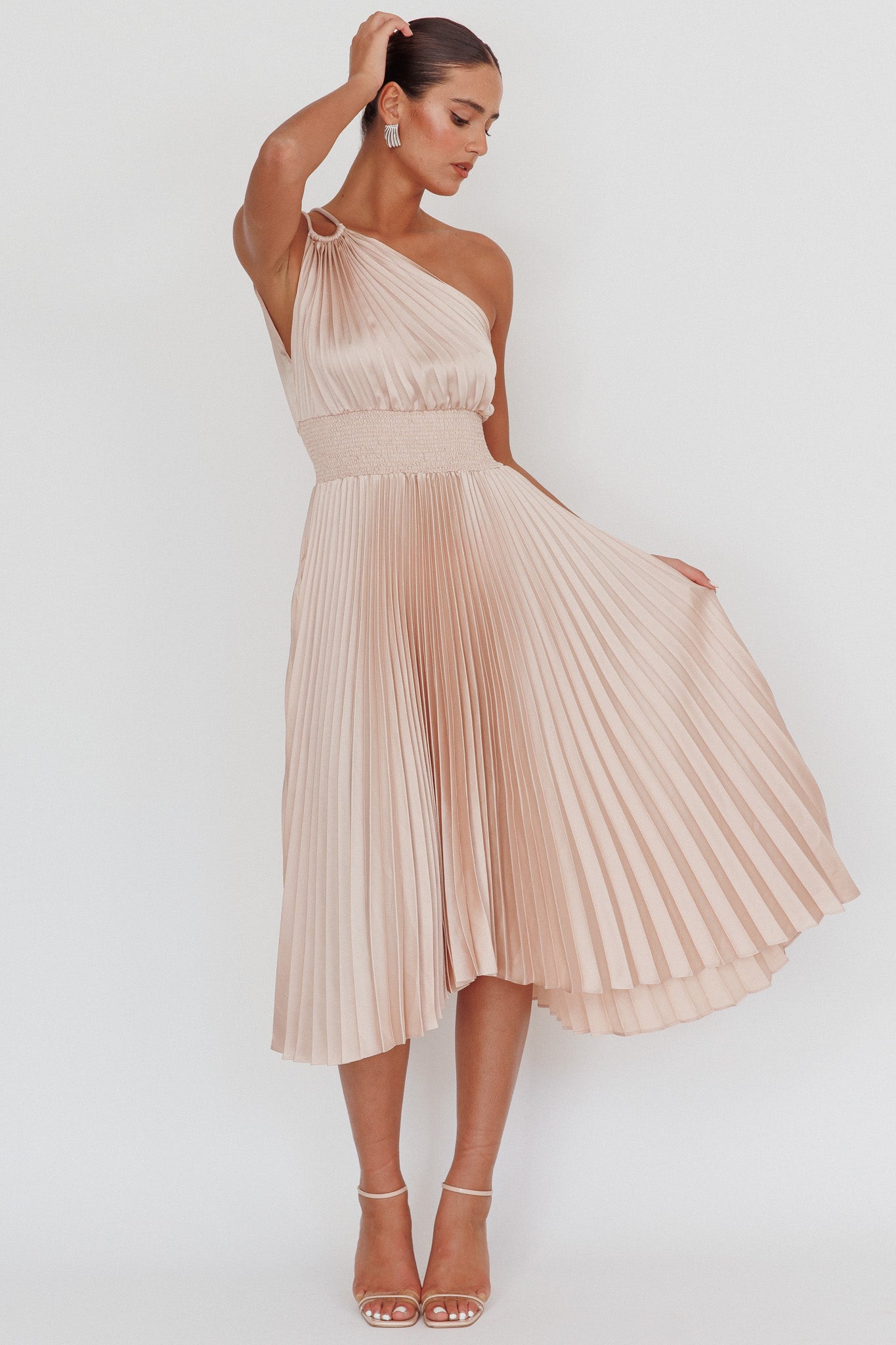 Calissa One Shoulder Pleated Midi Dress Champagne by Selfie Leslie
