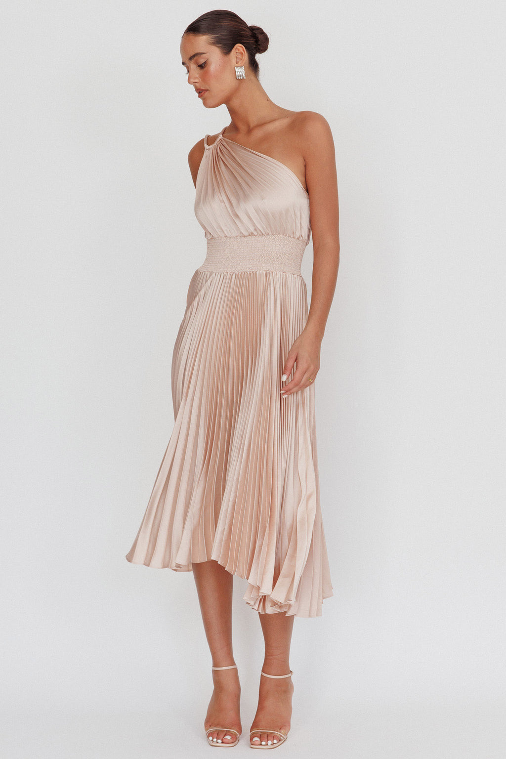 Calissa One Shoulder Pleated Midi Dress Champagne by Selfie Leslie