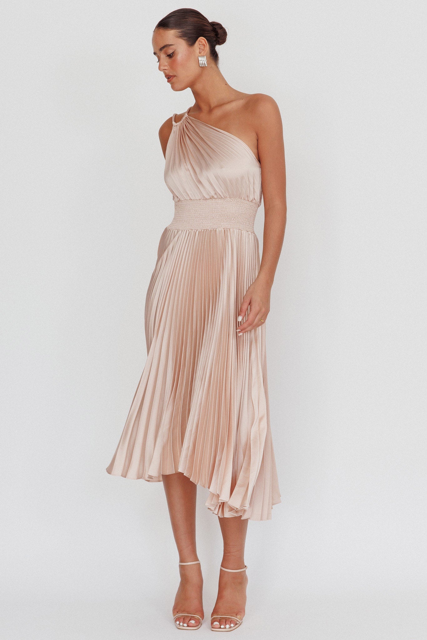 Calissa One Shoulder Pleated Midi Dress Champagne by Selfie Leslie