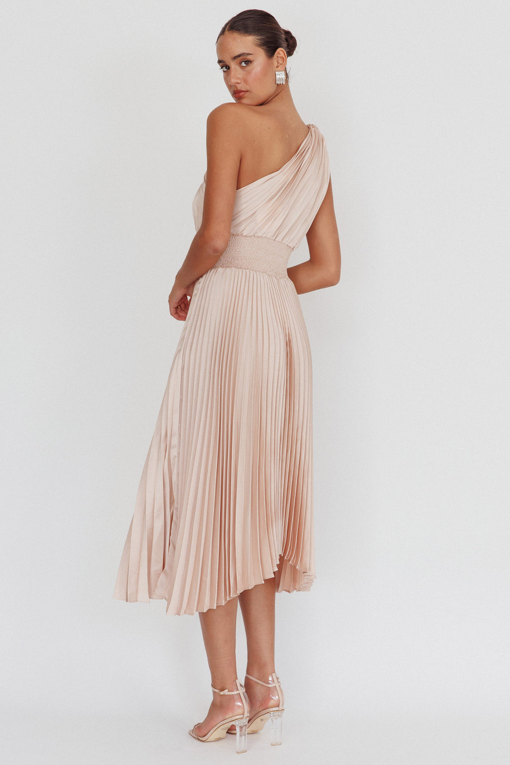 Calissa One Shoulder Pleated Midi Dress Champagne by Selfie Leslie