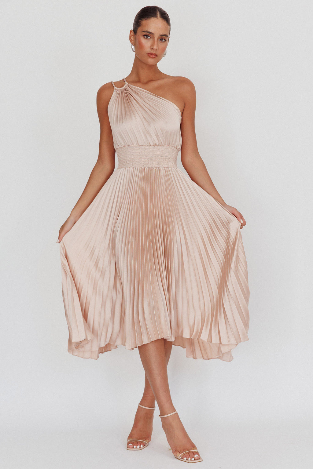 Calissa One Shoulder Pleated Midi Dress Champagne by Selfie Leslie