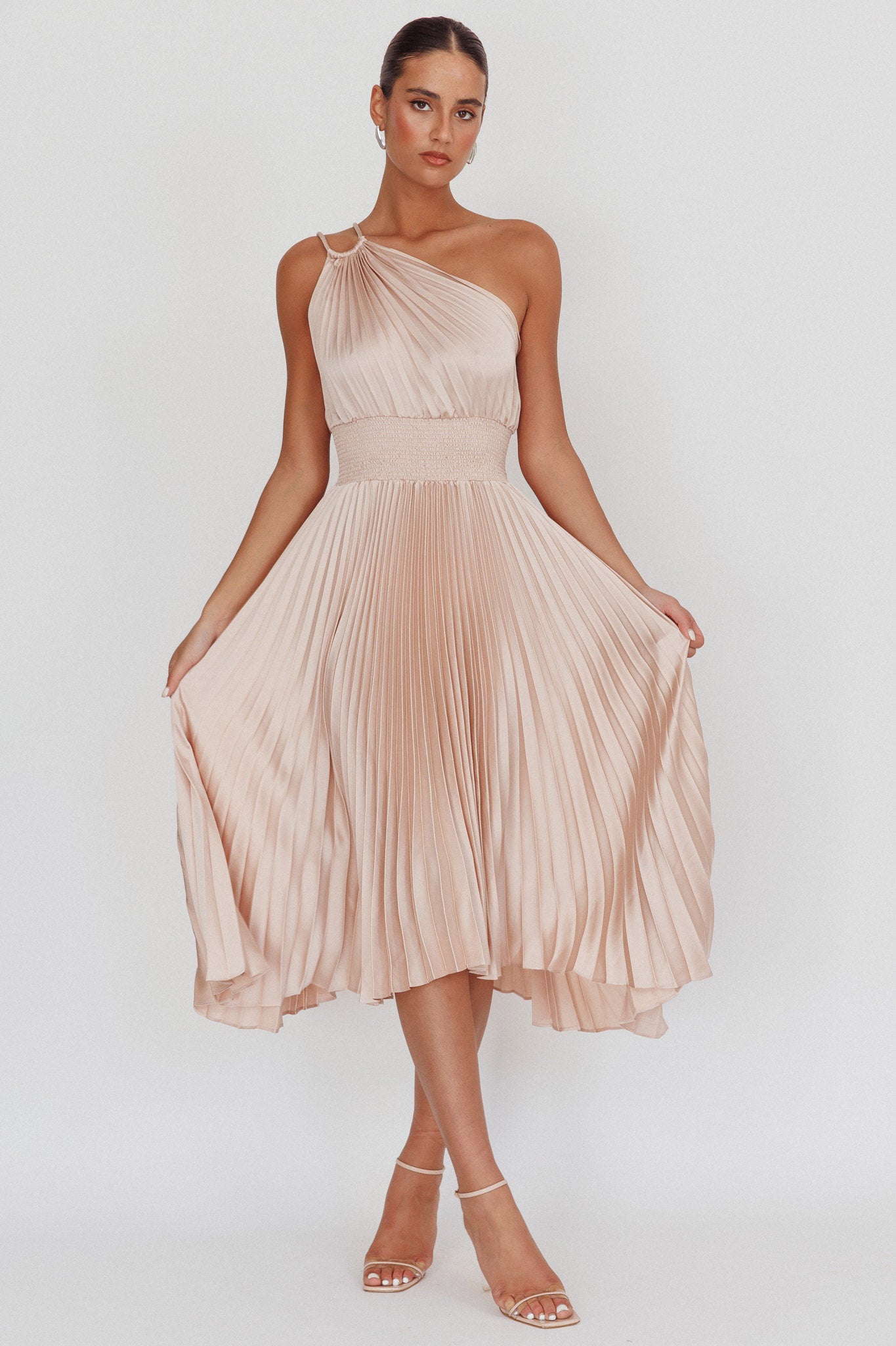 Calissa One Shoulder Pleated Midi Dress Champagne by Selfie Leslie