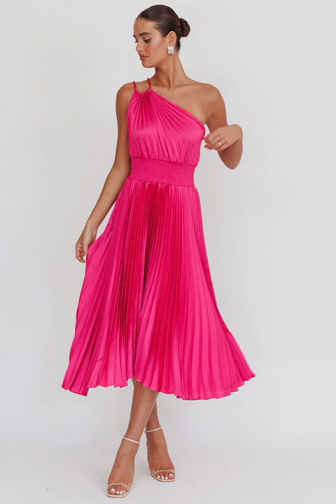 one shoulder magenta dress Calissa One Shoulder Pleated Midi Dress Magenta