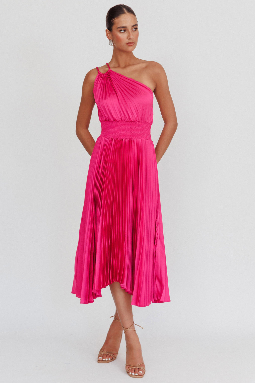 Calissa One Shoulder Pleated Midi Dress Magenta by Selfie Leslie