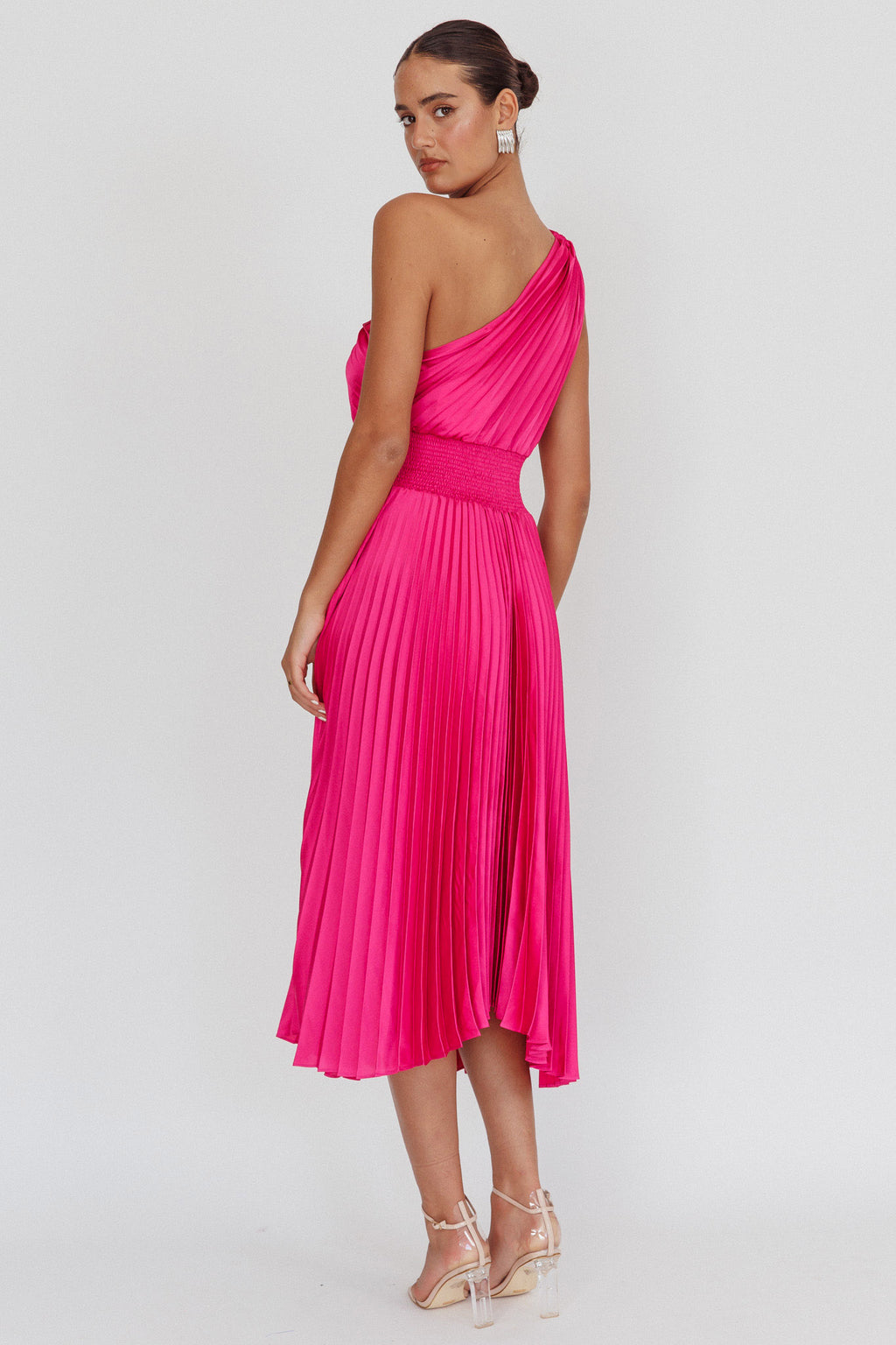 Calissa One Shoulder Pleated Midi Dress Magenta by Selfie Leslie
